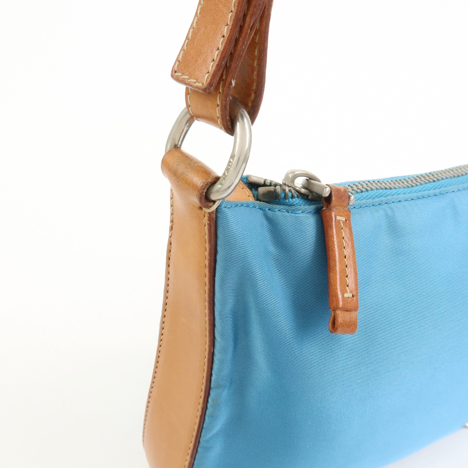 PRADA Triangle Logo Nylon Leather Shoulder Bag Blue Brown BR2205