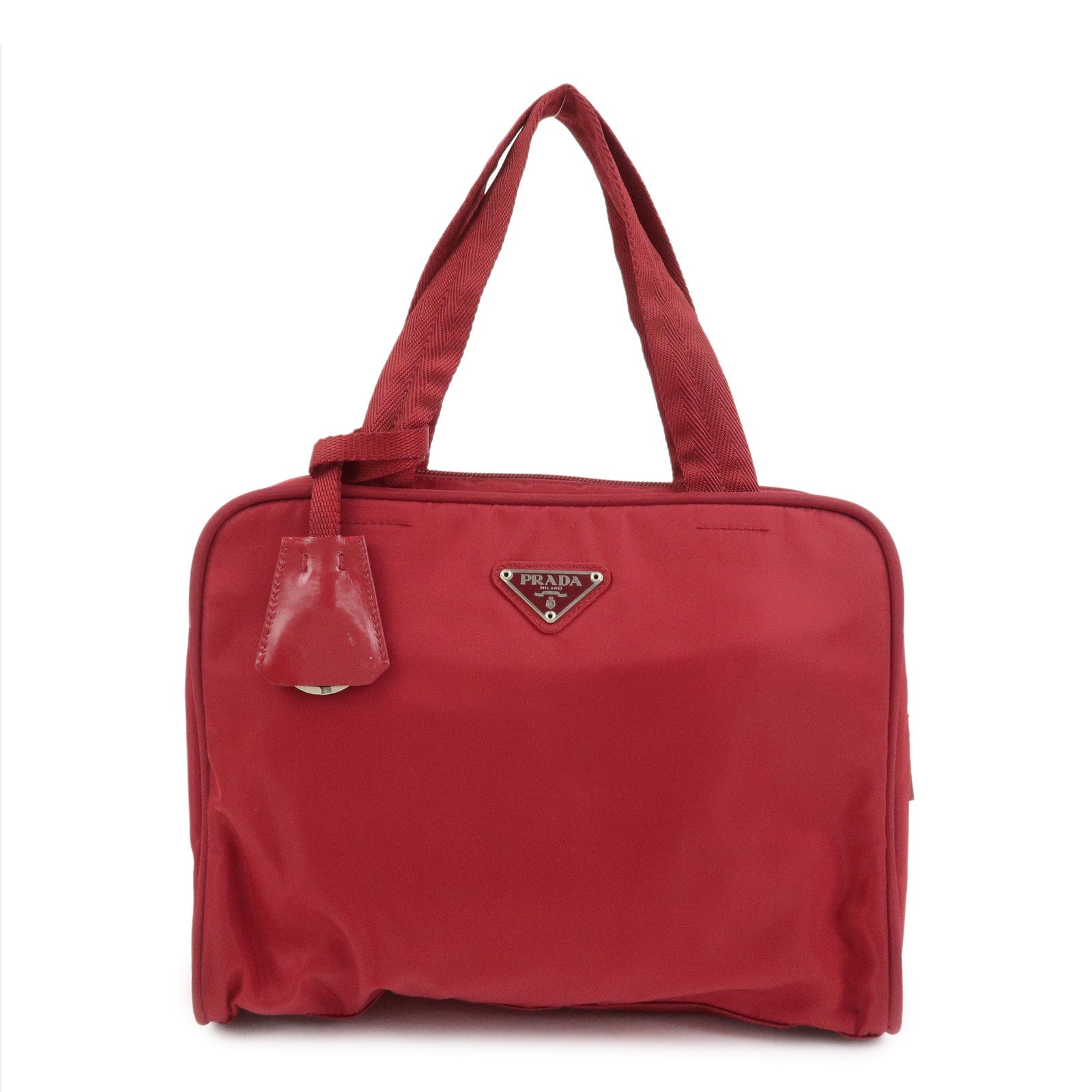 PRADA Triangle Logo Nylon Leather Hand Bag Wine Red B8495