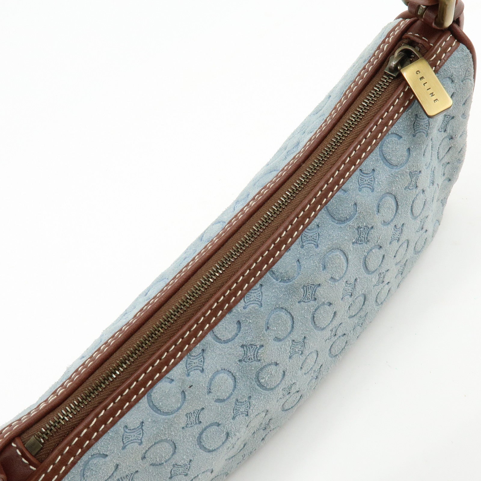 CELINE C Macadam Suede Leather Shoulder Bag Hand Bag Light Blue