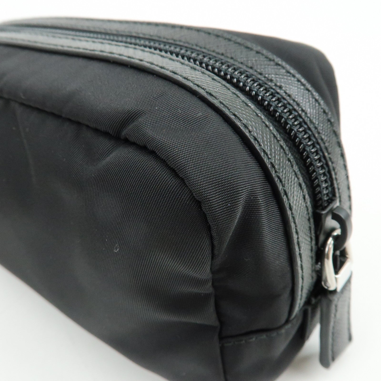 PRADA Triangle Logo Nylon Saffiano Leather Pouch Black