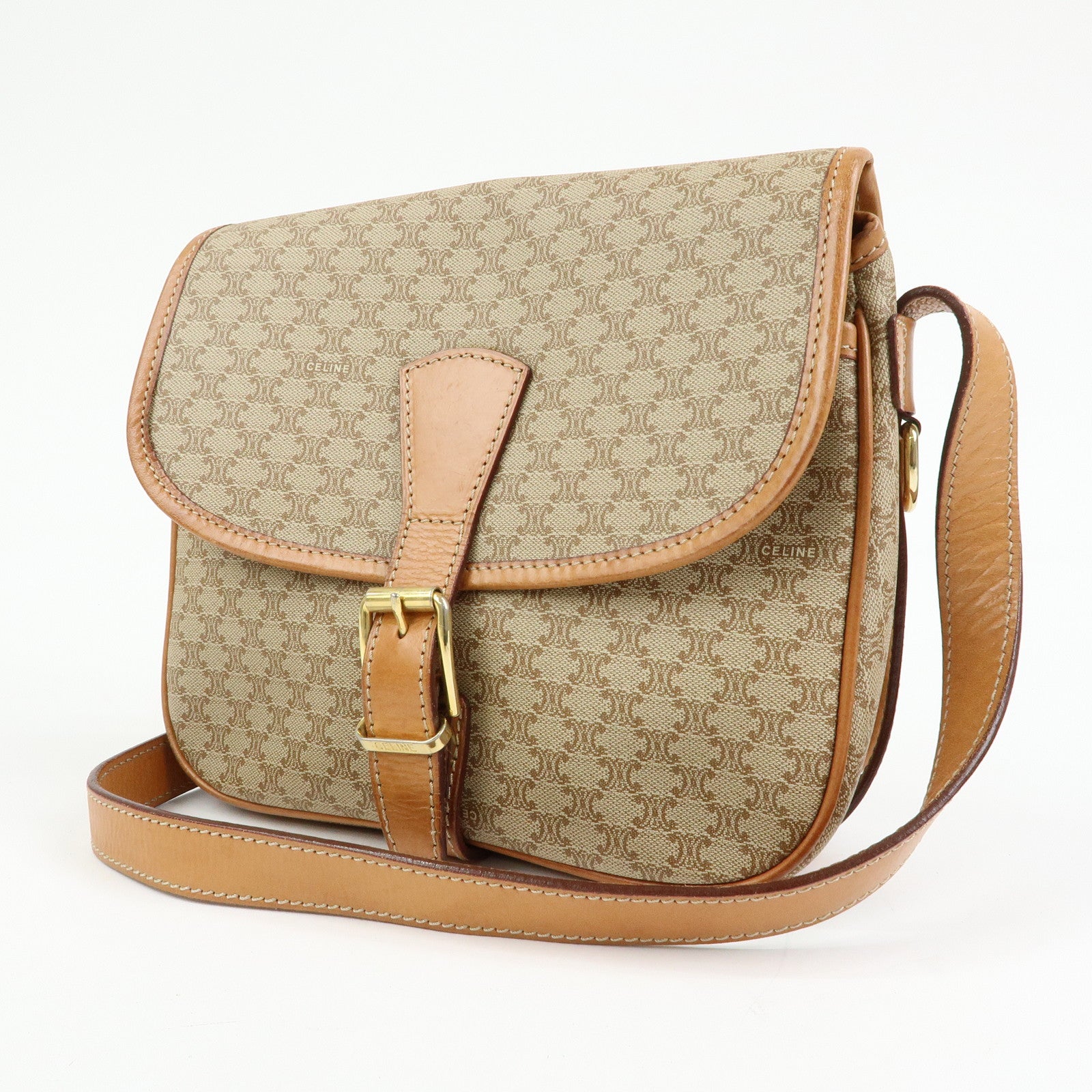 CELINE Macadam PVC Leather Shoulder Bag Beige Brown