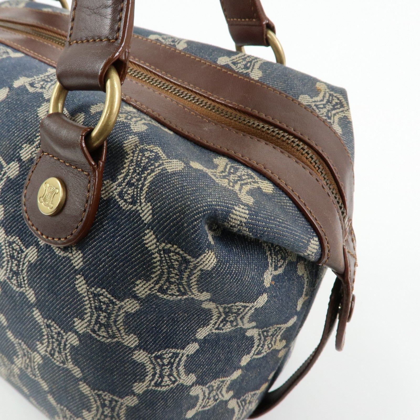 CELINE Macadam Denim Leather Shoulder Bag Hand Bag Blue Brown