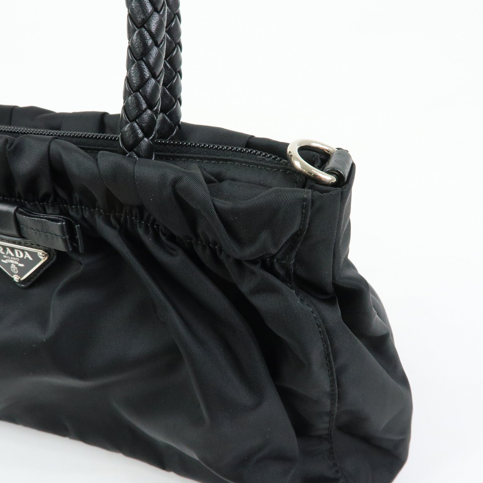 PRADA Triangle Logo Ribbon Nylon Leather 2Way Hand Bag Black BN1631