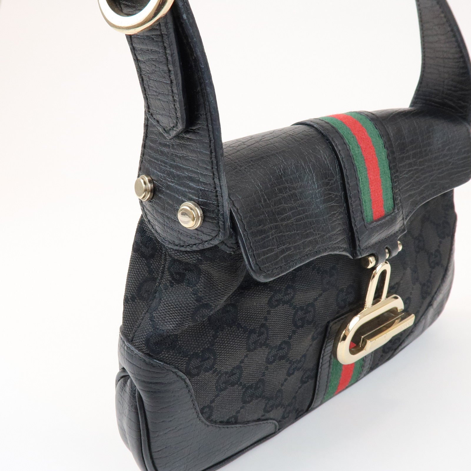 GUCCI Sherry GG Canvas Embossed Leather Shoulder Bag Black 130846