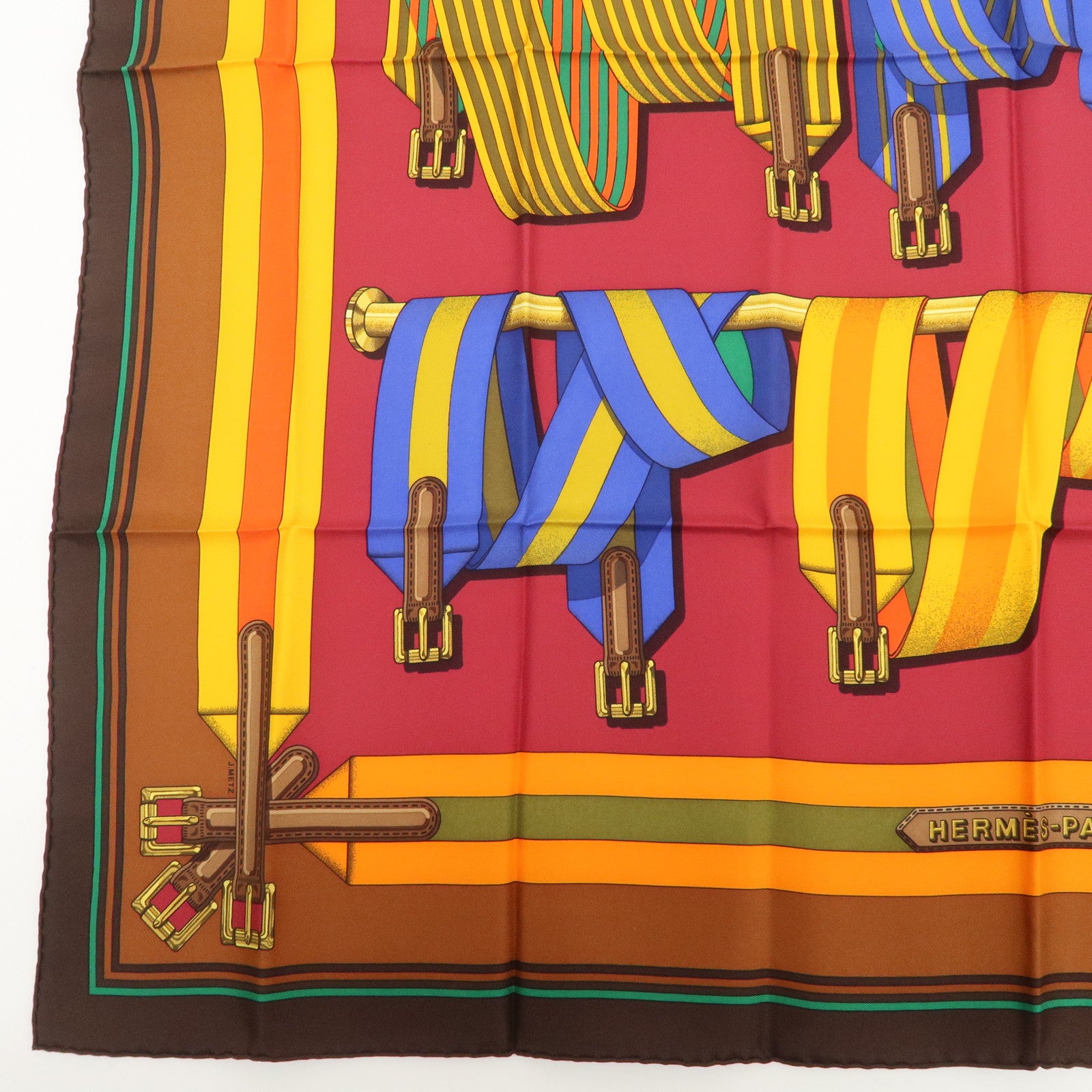 HERMES Carre 90 Silk 100% Scarf J.METZ Les Sangles Wine Red Yellow