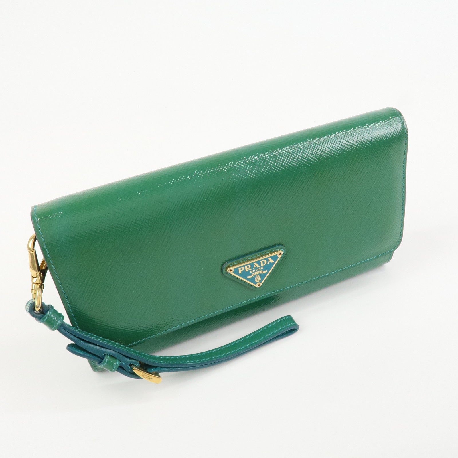 PRADA Triangle Logo Patent Leather Bi-Fold Long Wallet Green