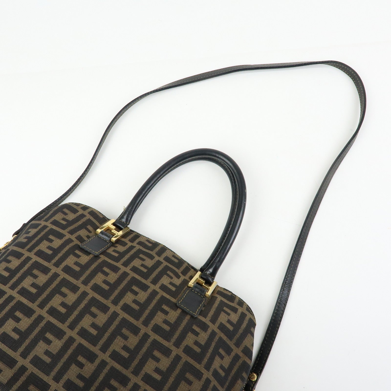 FENDI Zucca Canvas Leather 2Way Bag Hand Bag Shoulder Bag Brown