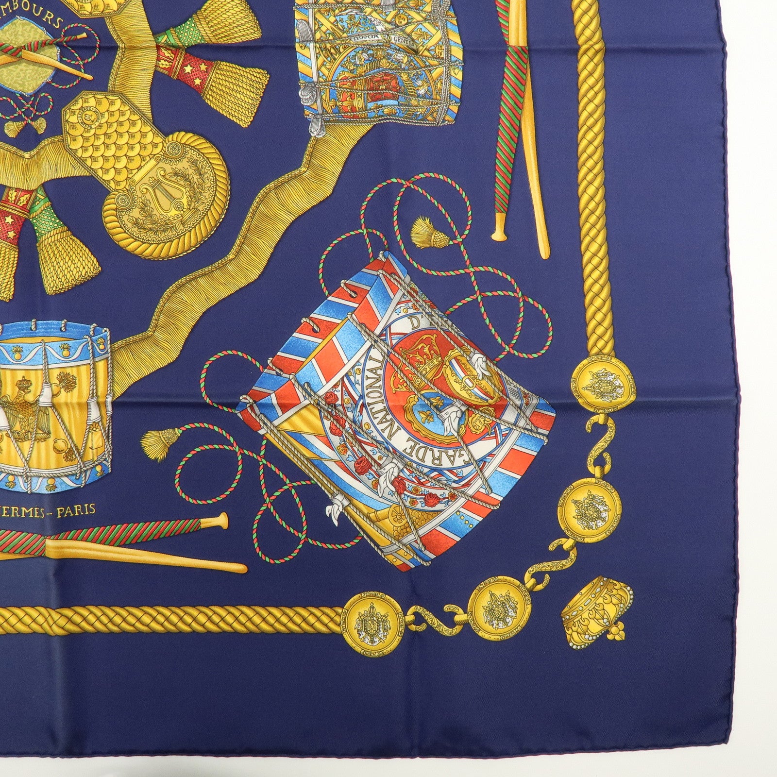 HERMES Carre 90 Silk 100% Scarf  LES TAMBOURS Navy Gold