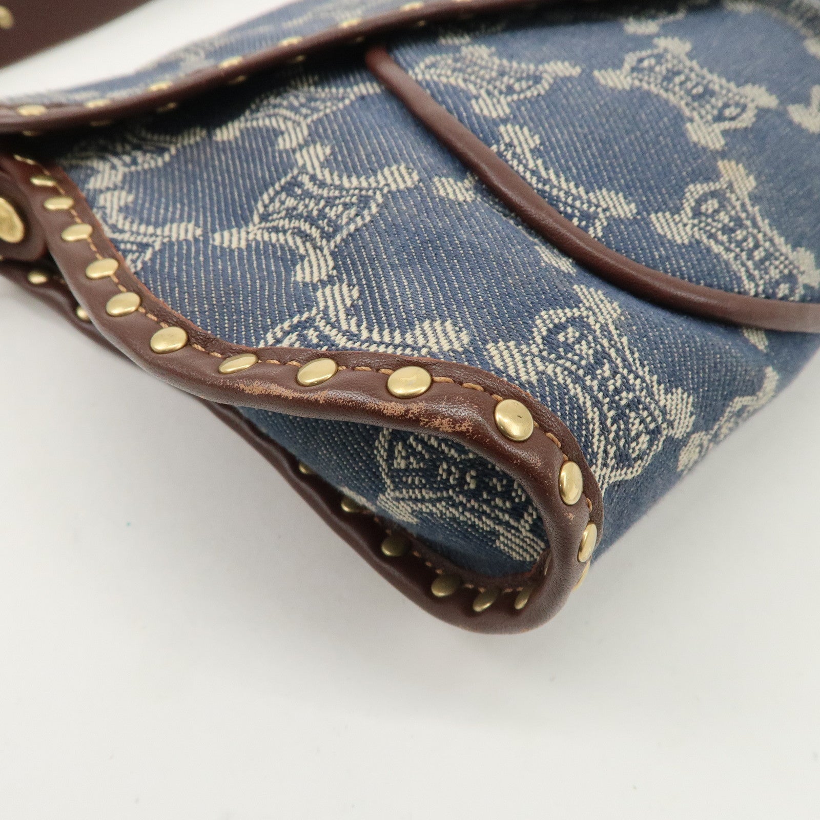 CELINE Macadam Studs Denim Leather Shoulder Bag Dark Brown Navy Used