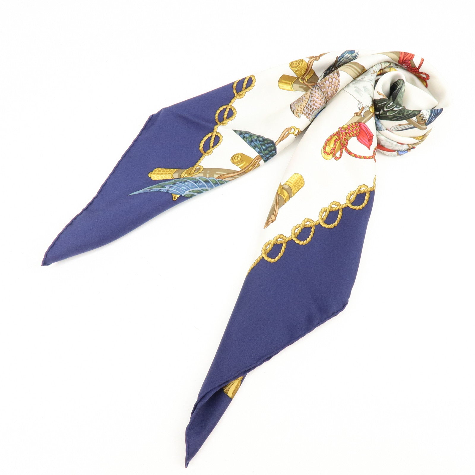 HERMES Carre 90 Silk 100% Scarf LES OISEAUX DU ROY Bird Print Navy