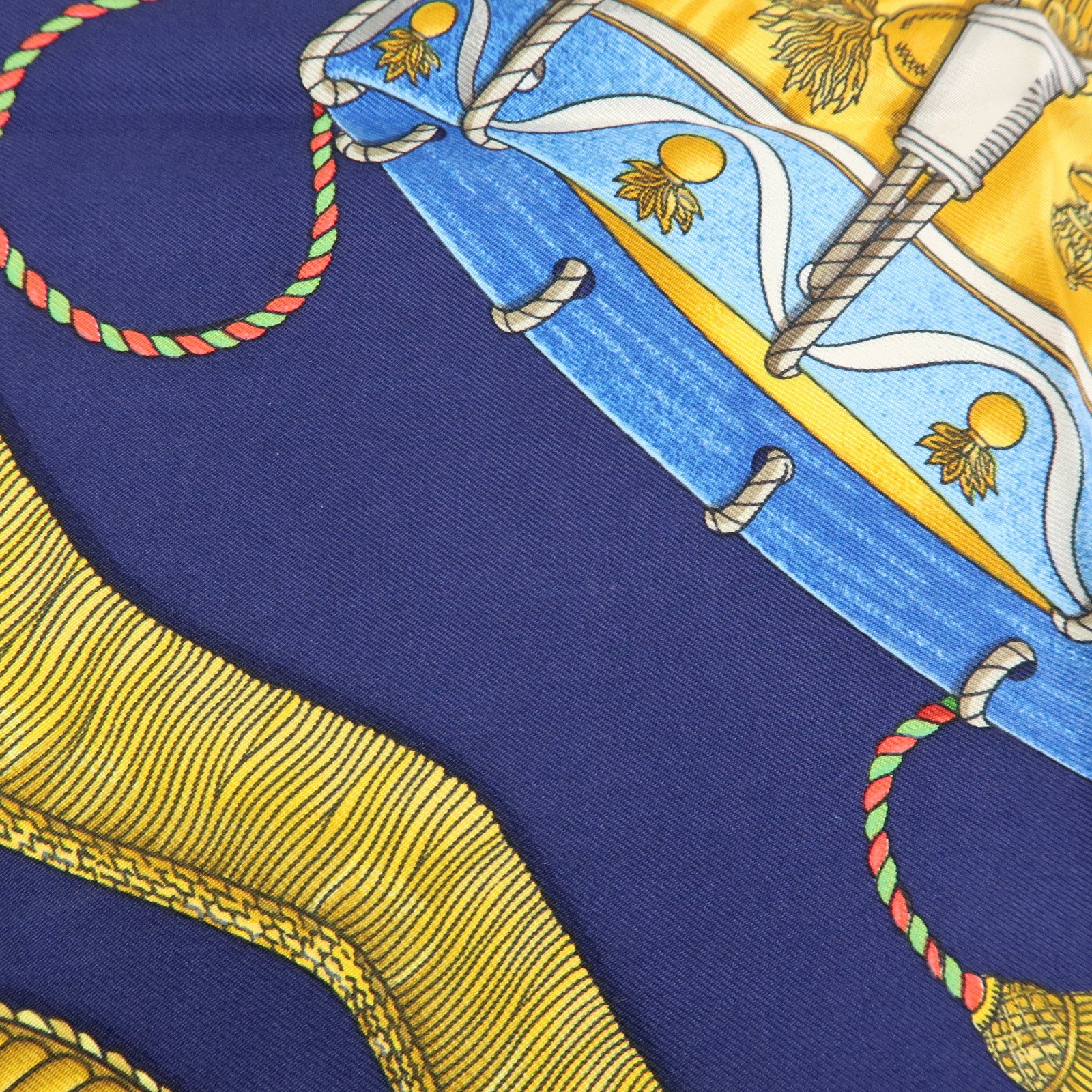 HERMES Carre 90 Silk 100% Scarf LES TAMBOURS Navy Gold