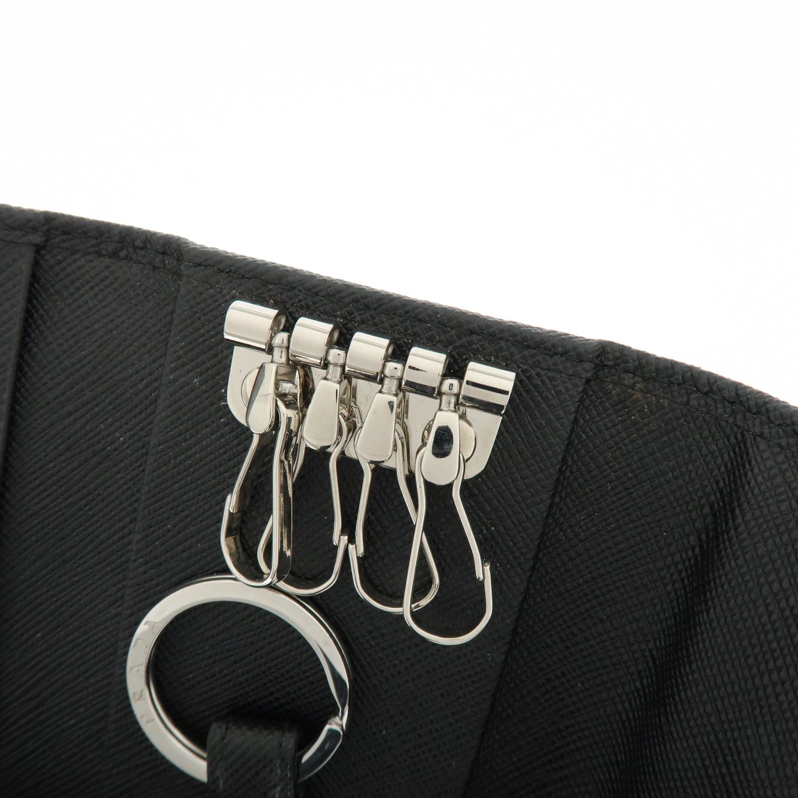 PRADA Triangle Logo Saffiano Leather Key Case Key Ring Black 1PG004