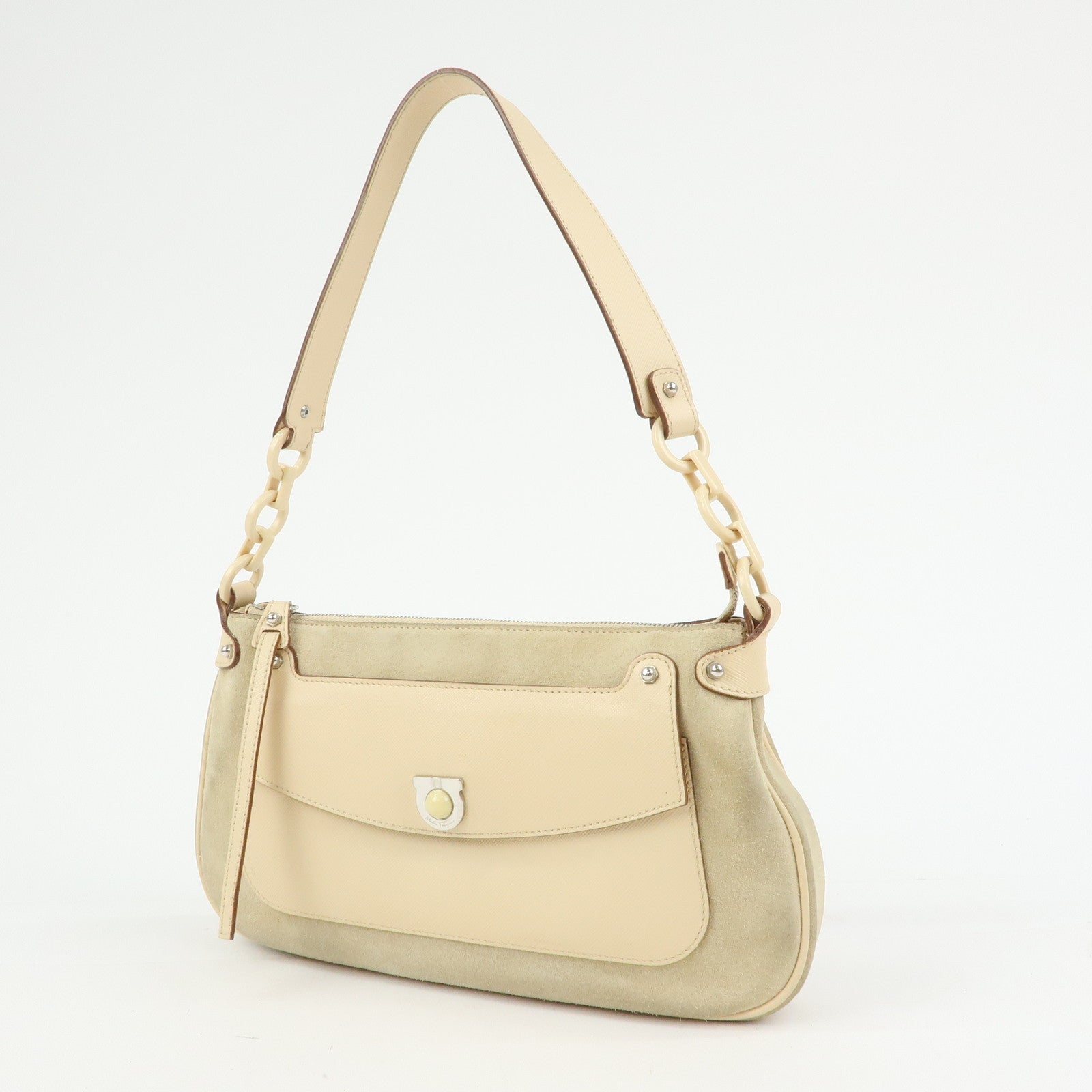 Ferragamo Gancini Suede Leather Shoulder Bag Hand Bag Beige
