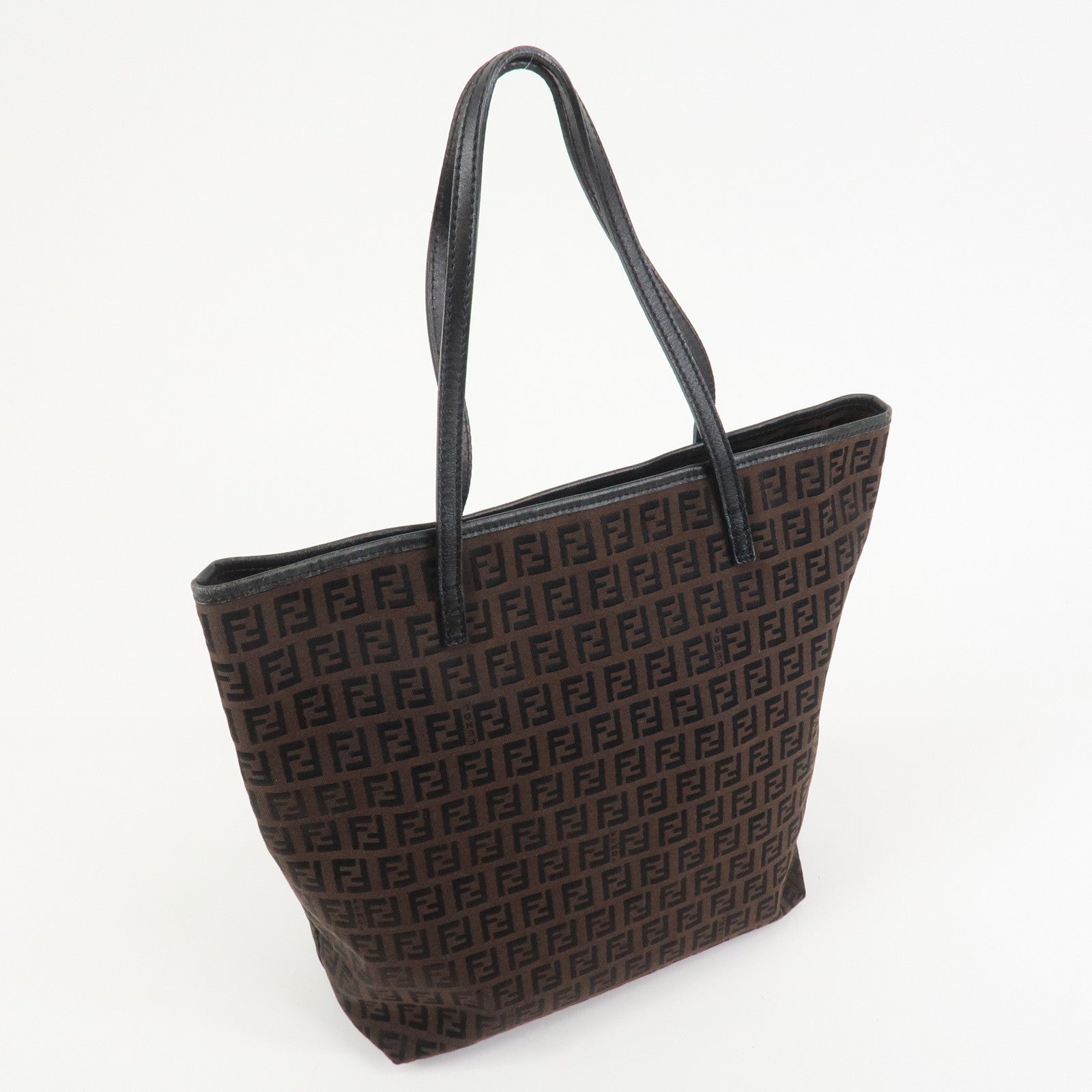 FENDI Zucchino Canvas Leather Tote Bag Hand Bag Brown Black 8BH074
