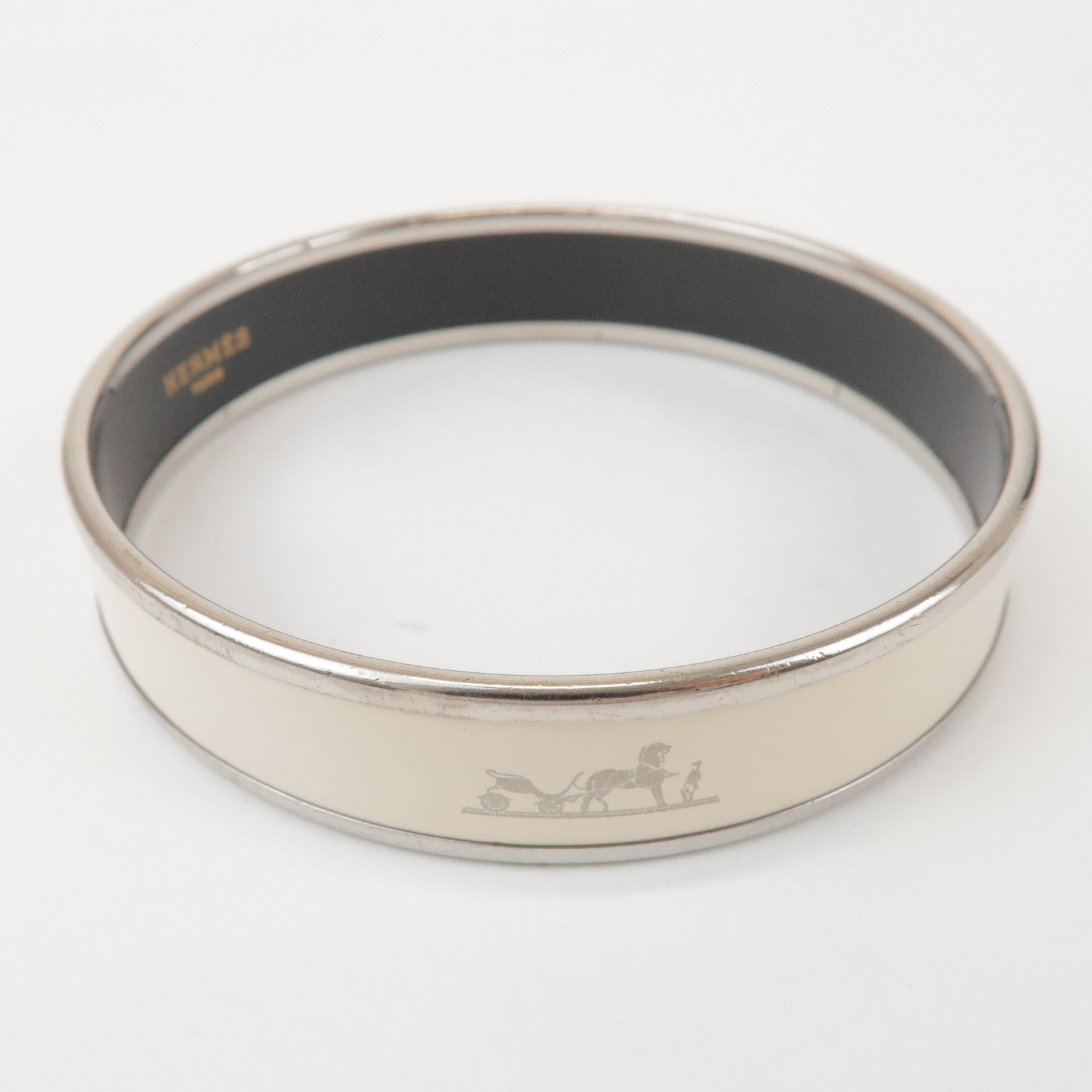 HERMES Email MM Bangle Plated Bracelet Ivory Silver