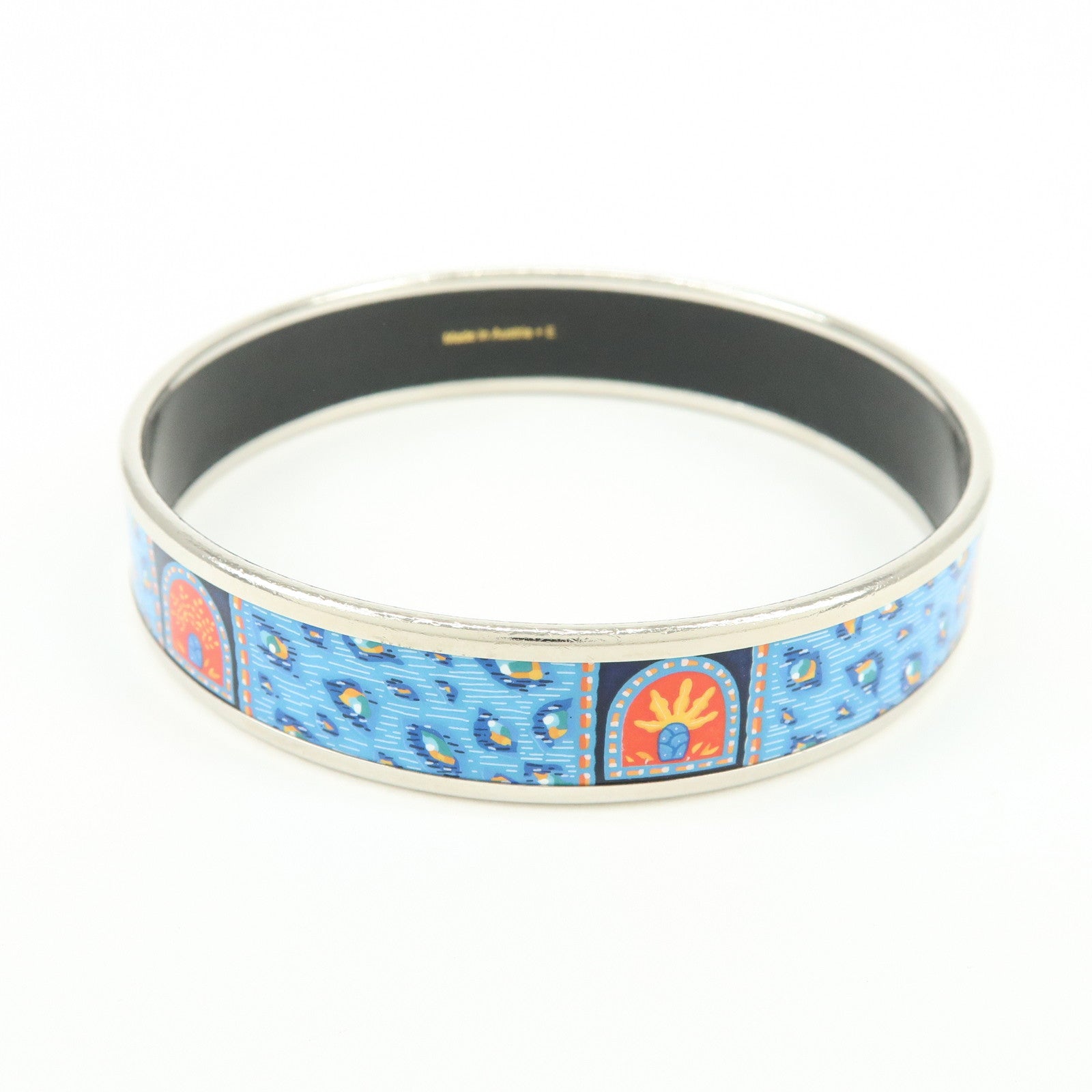 HERMES Email PM Silver Plated Bracelet Bangle Blue Multicolor
