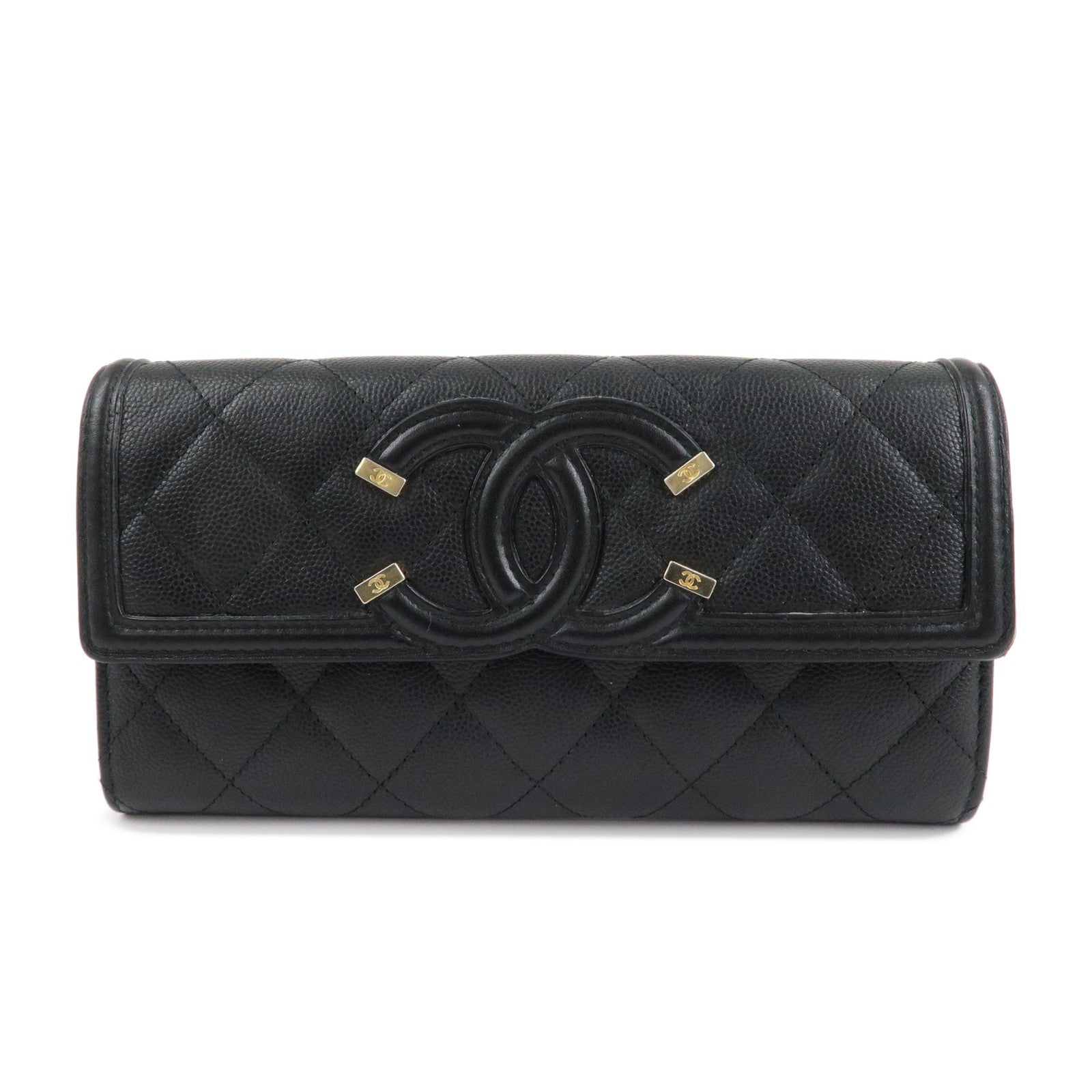 CHANEL Matelasse Caviar Skin CC Filigree Long Wallet Black A84448 Used