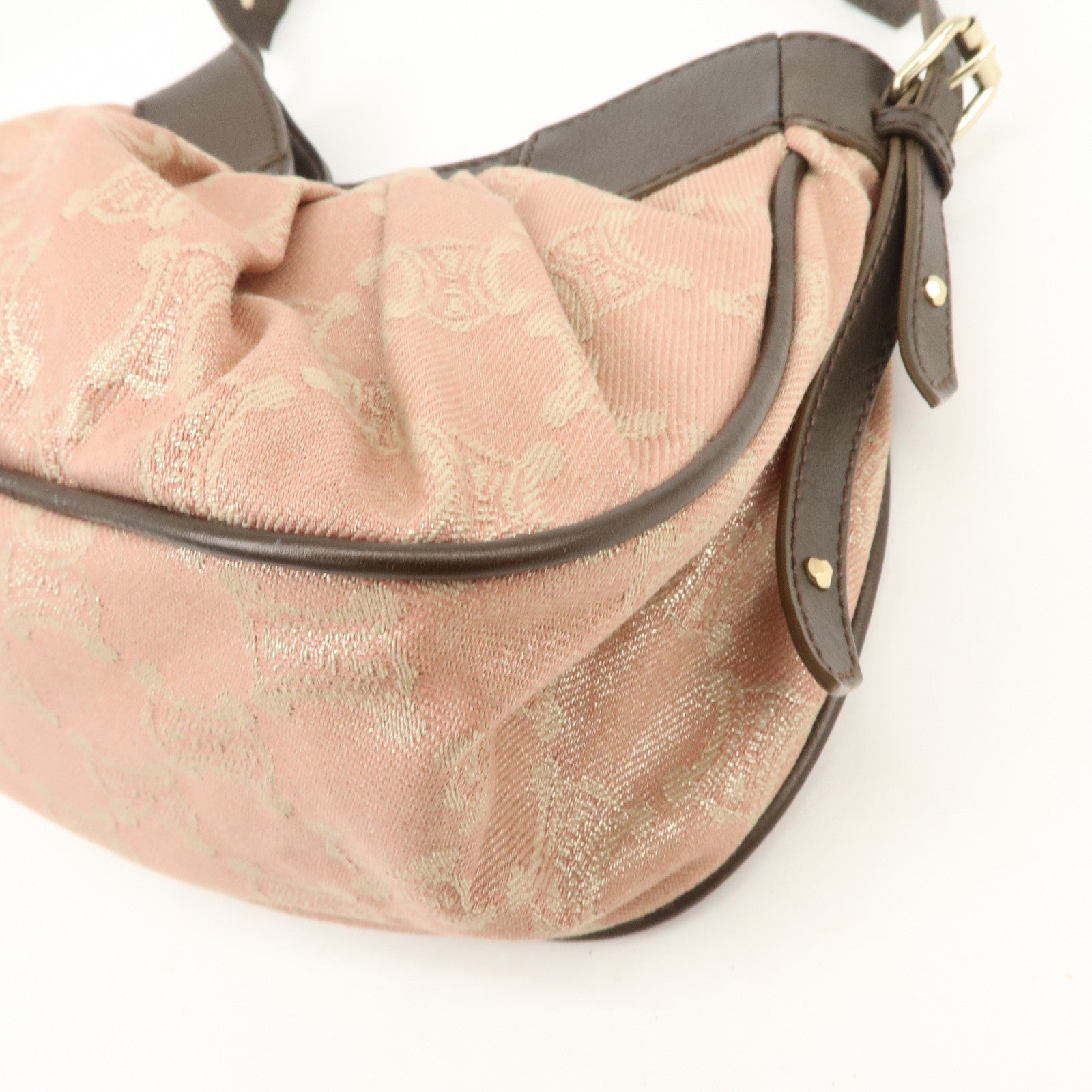 CELINE Macadam Canvas Leather Nylon Velour Shoulder Bag Pink Brown