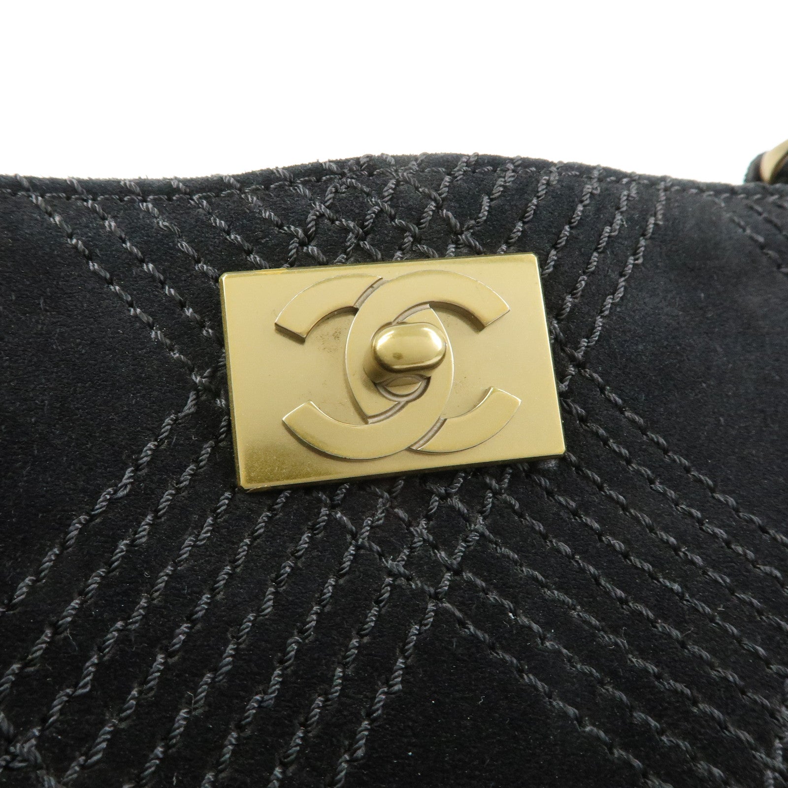 CHANEL COCO Mark Wild Stitch Suede Lamb Skin Tote Bag Black