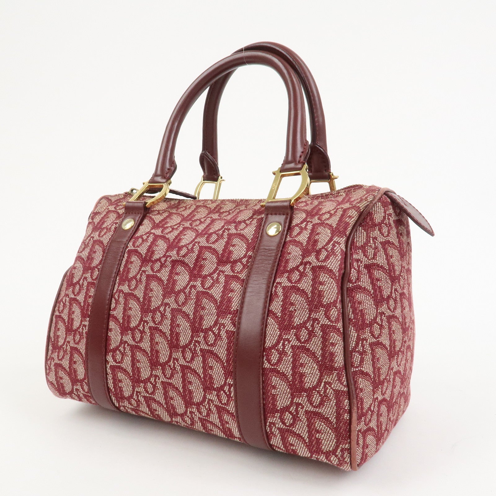 Christian Dior Trotter Jacguard Canvas Leather Boston Hand Bag Red