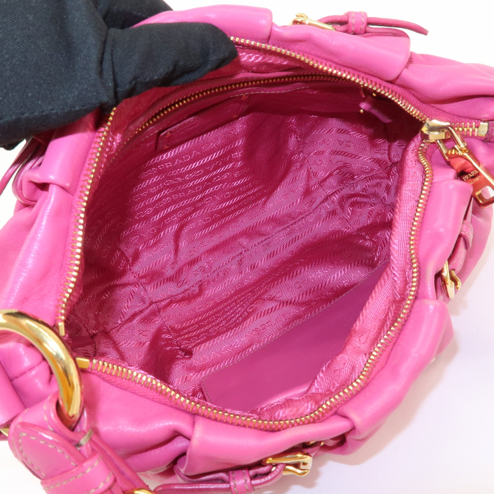 PRADA Logo Leather Shoulder Bag Pink Gold HDW