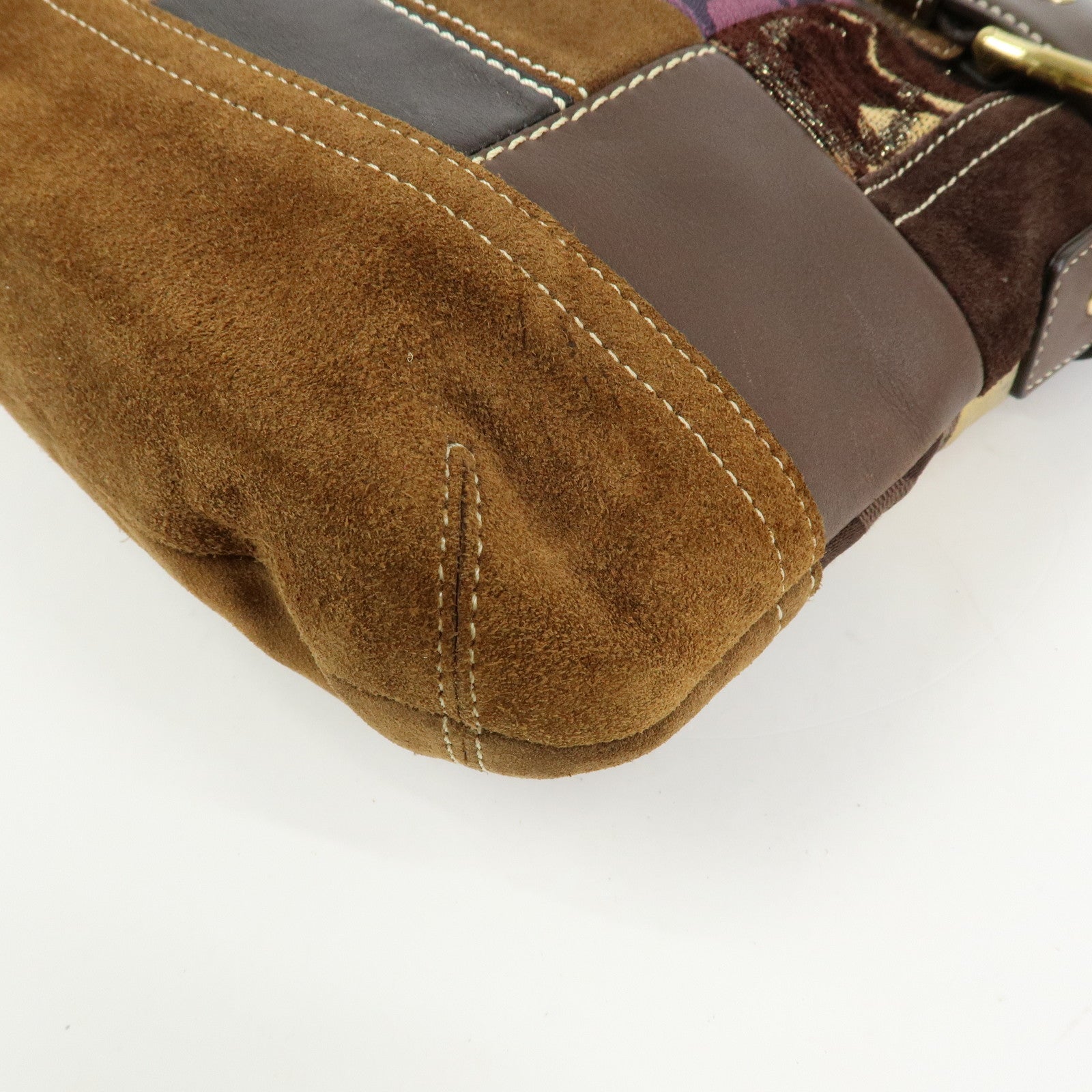 COACH Signature Suede Patent Leather Shoulder Bag Brown Patchwork