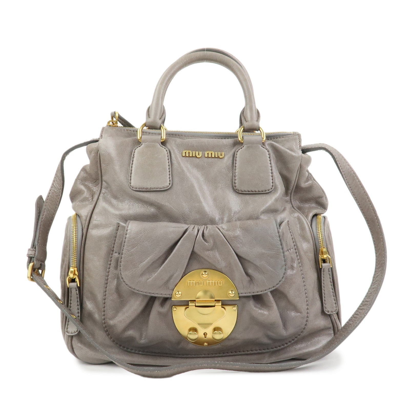 MIU MIU Leather 2Way Bag Hand Bag Shoulder Bag Gray