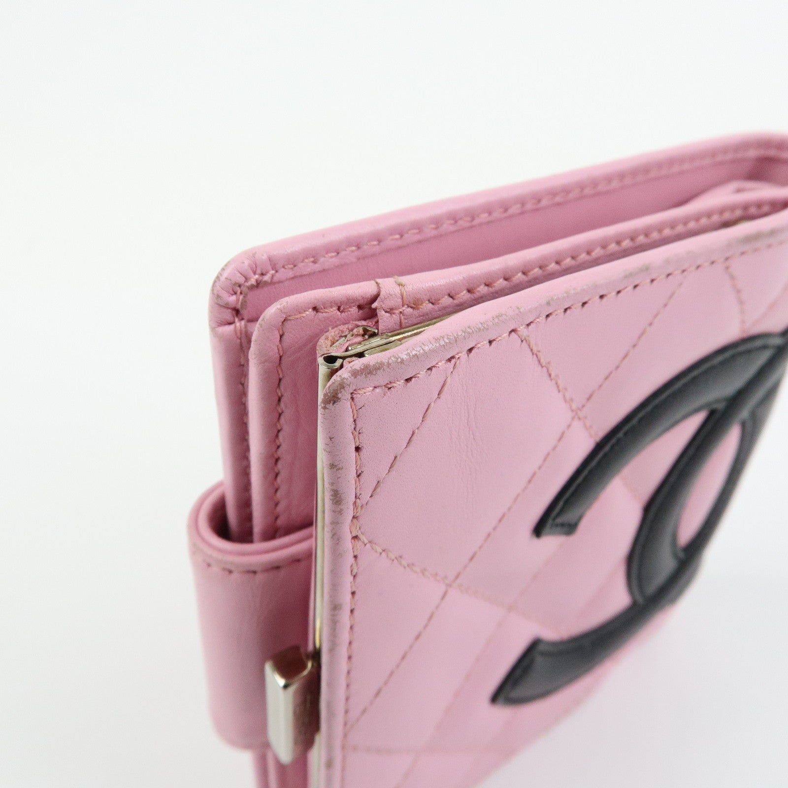 CHANEL Cambon Line Matelasse Lamb Skin Bi-fold Compact Wallet Pink