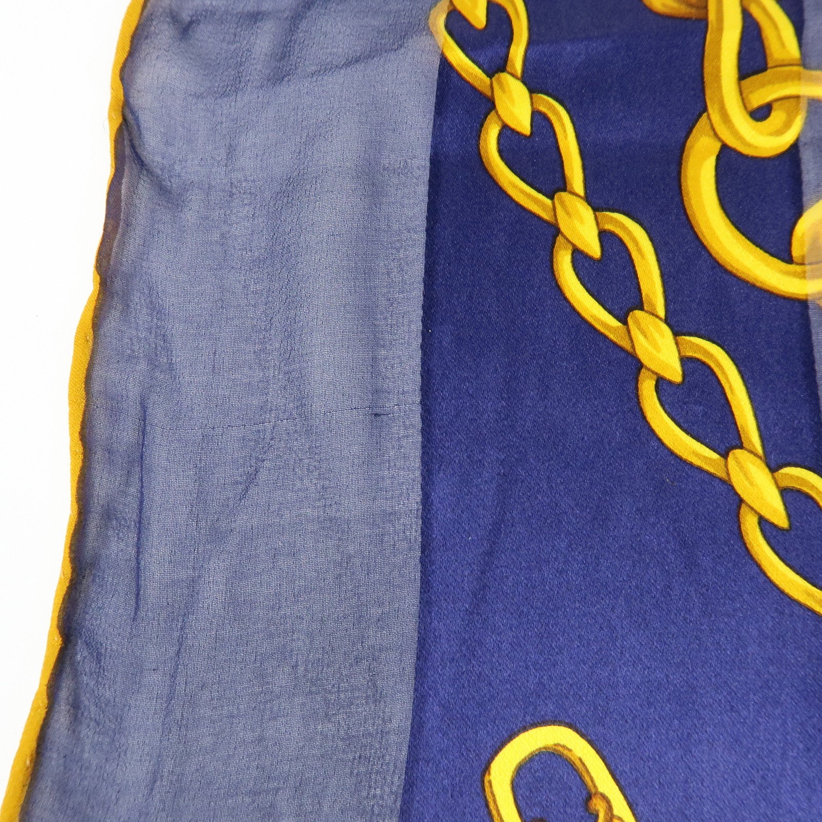 CELINE Silk 100% Chiffon Scarf Gold Chain Motif Navy Gold
