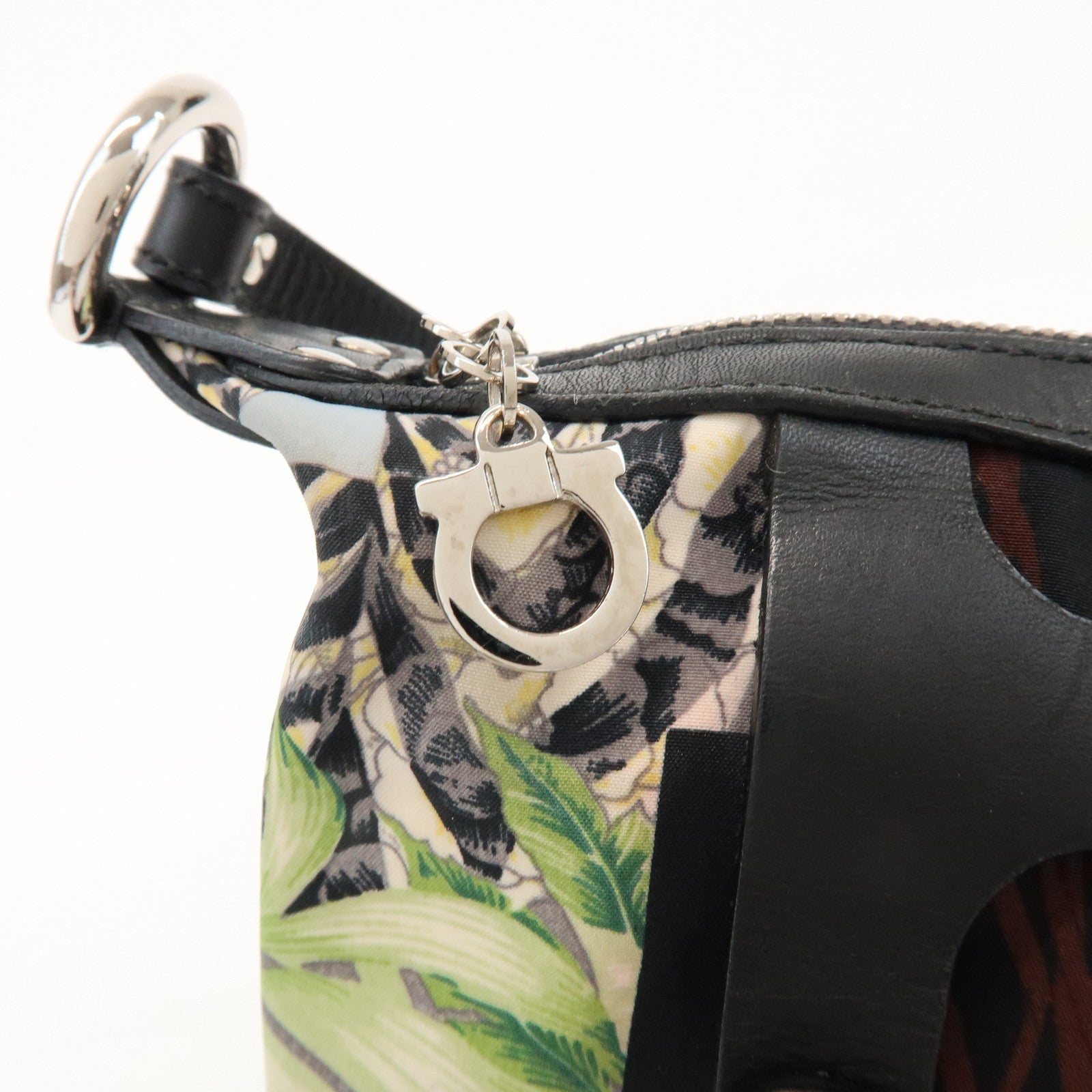 Ferragamo Nylon Leather Shoulder Bag Black Multicolor Animal