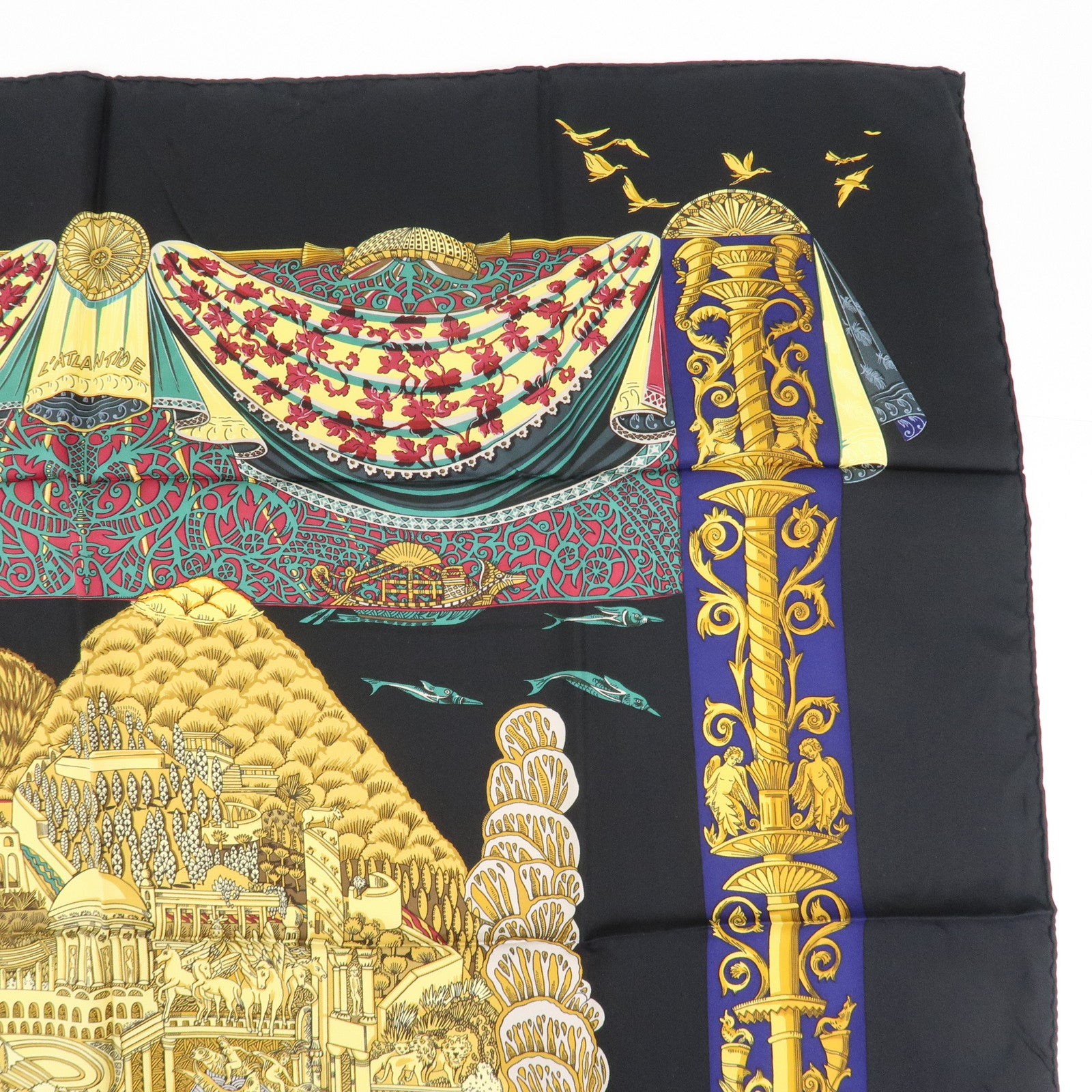 HERMES Carre 90 Silk 100% Scarf Black Yellow Used