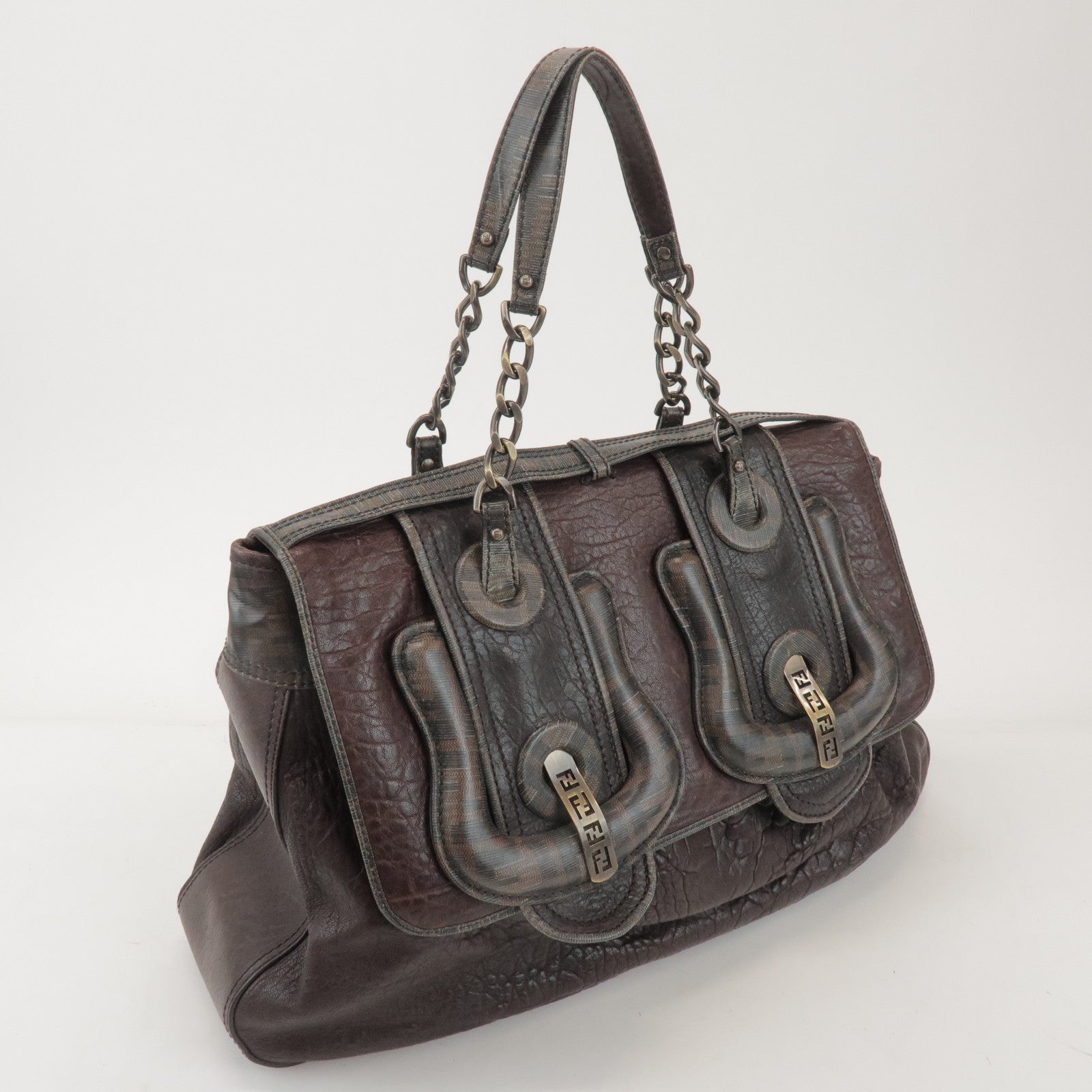 FENDI Zucca Leather PVC Coated Canvas B Bag Boston Bag Brown 8BN166