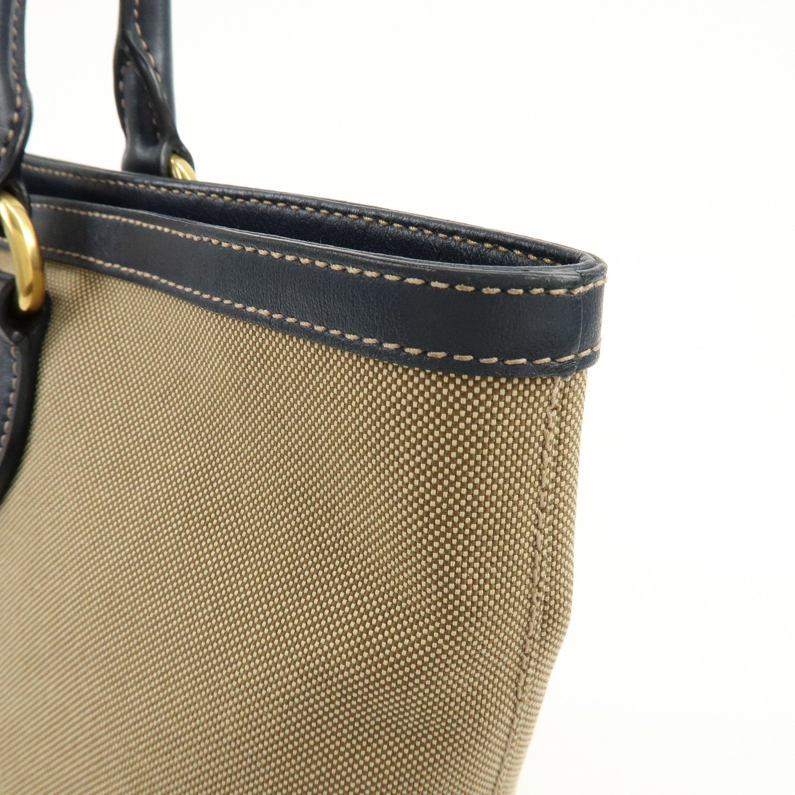 PRADA Logo Jacquard Leather Tote Bag Hand Bag Beige Navy
