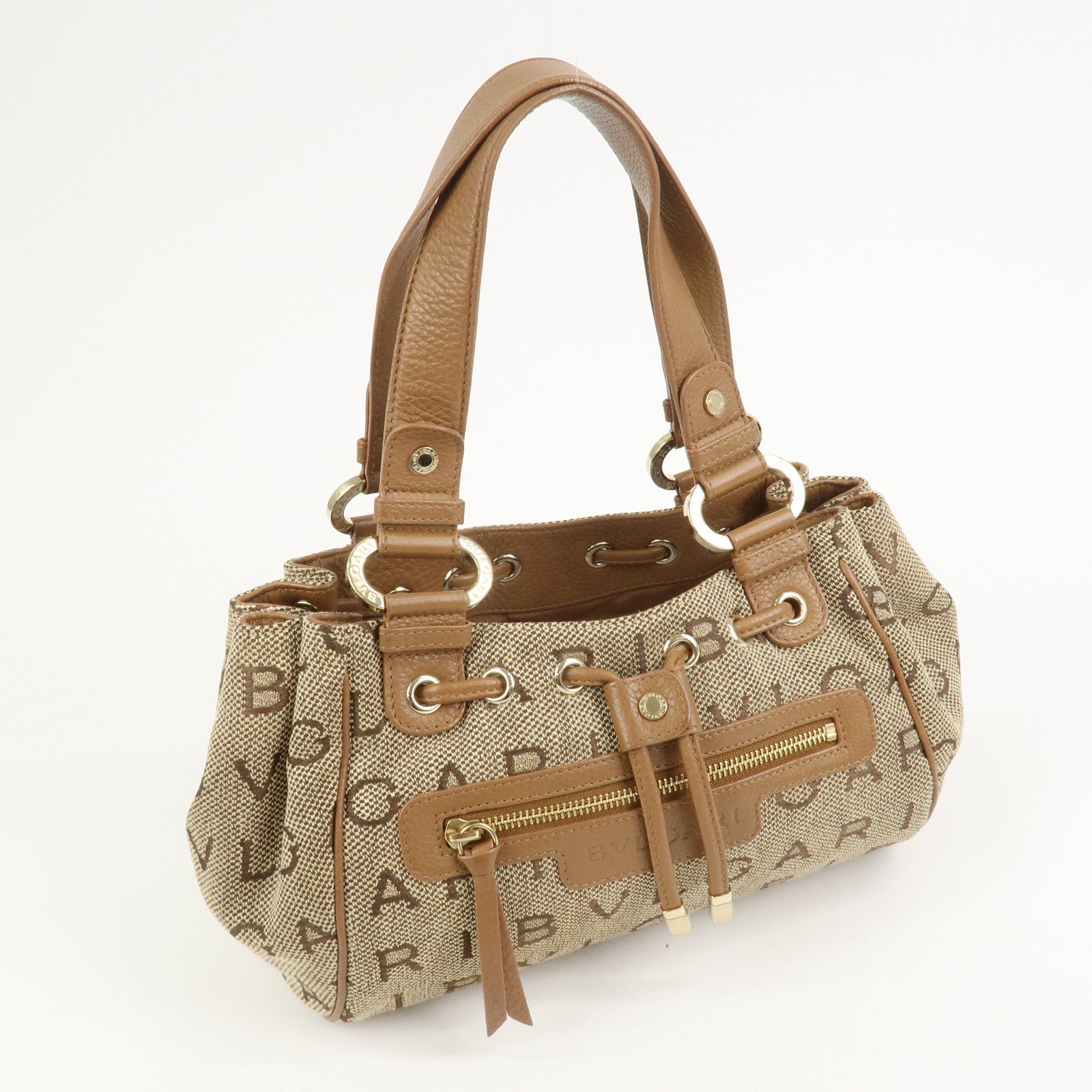 BVLGARI Logo Mania Jacquard Leather Hand Bag Tote Bag Beige