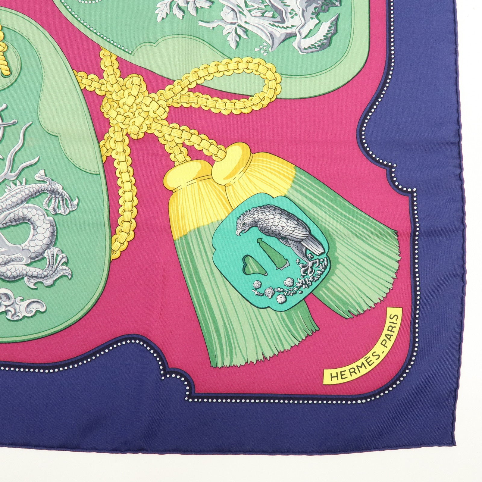 HERMES Carre 90 Silk 100% Scarf TSUBAS Guard Print Purple Green