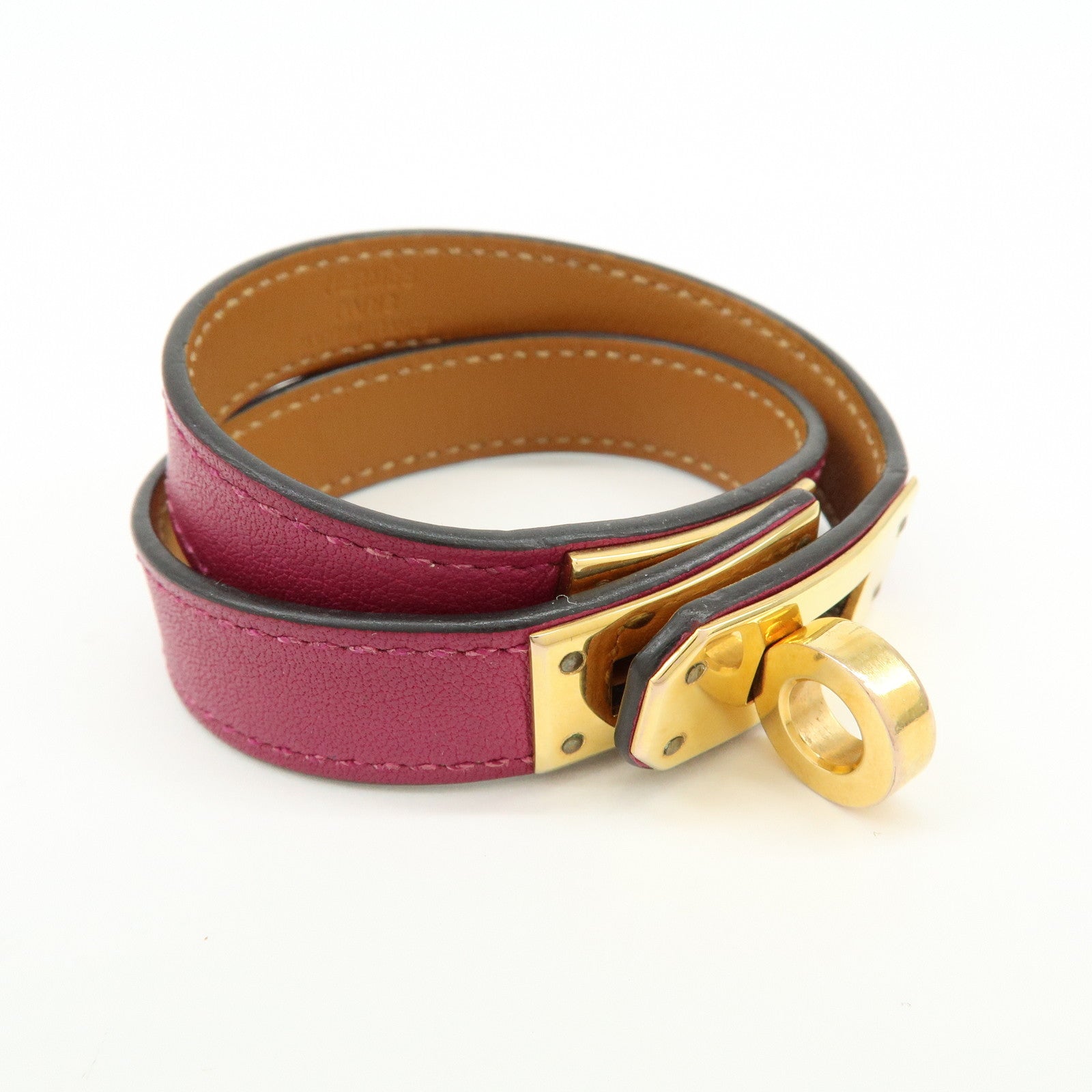 HERMES Leather Kelly Double Tour Bracelet A Stamped Purple Brown