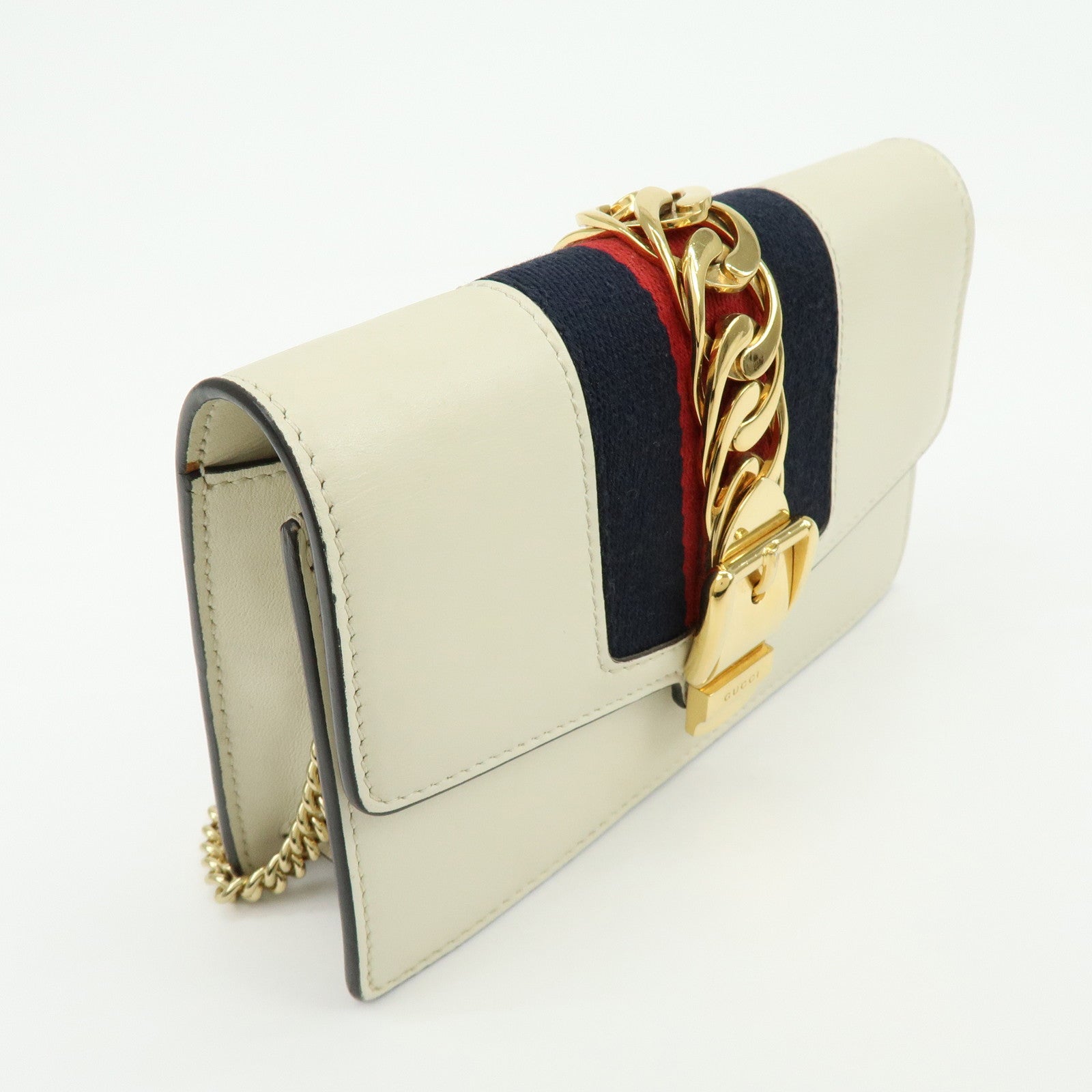 GUCCI Sherry Silvie Leather Canvas Chain Shoulder Bag White 494646