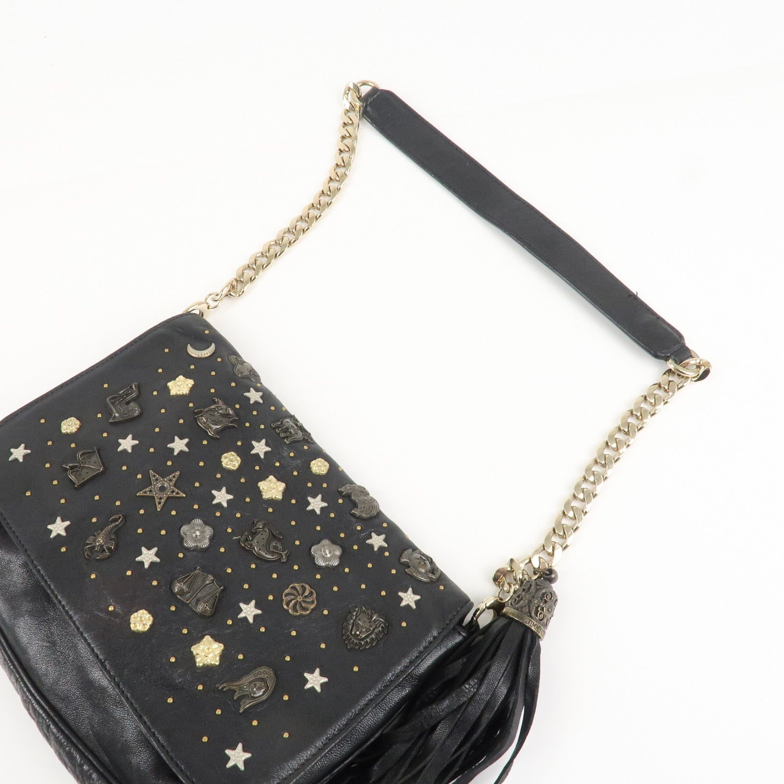 JIMMY CHOO Zodiac Leather Studs Shoulder Bag Black Gold HDW Used