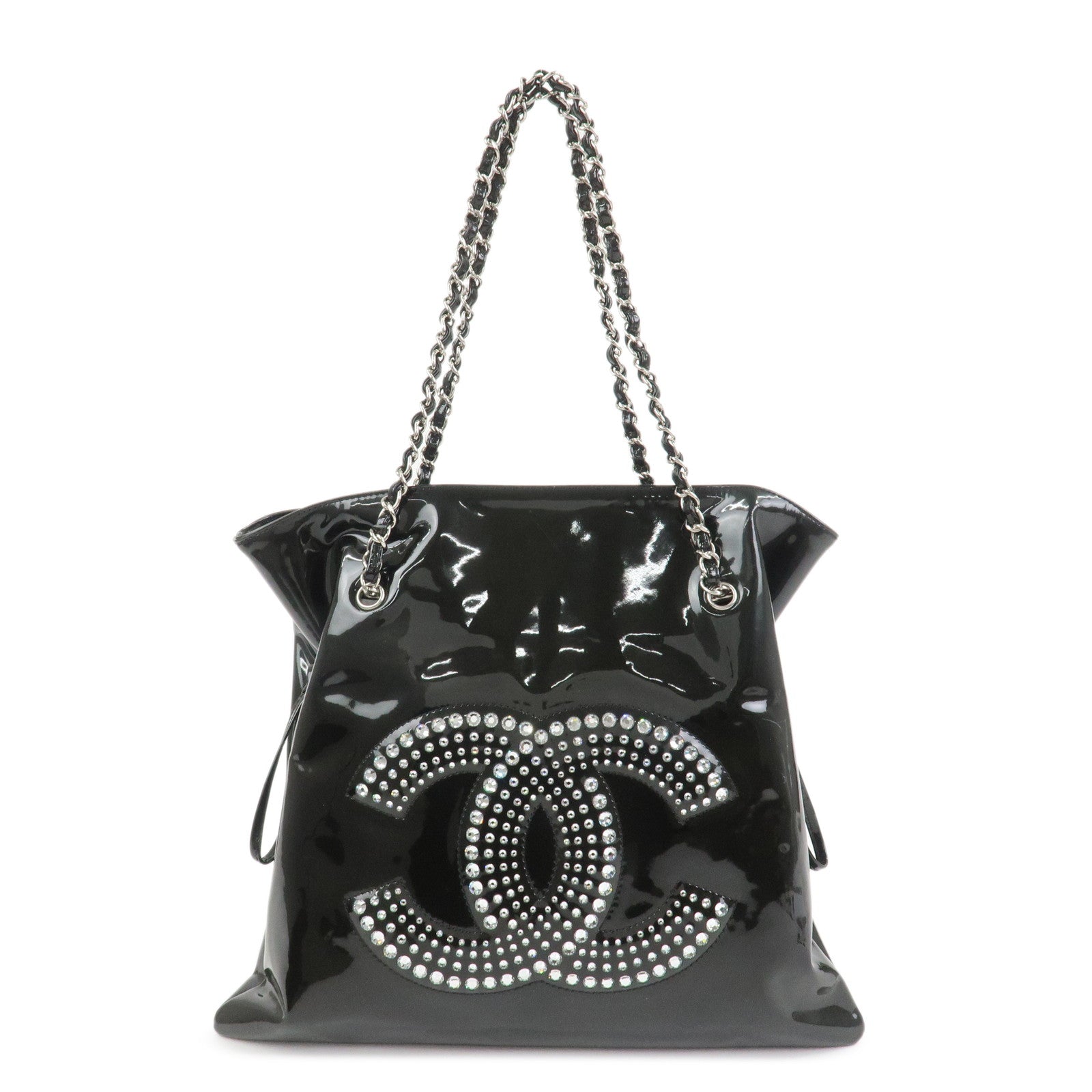 CHANEL COCO Mark Patent Leather Rhinestone Tote Bag Black