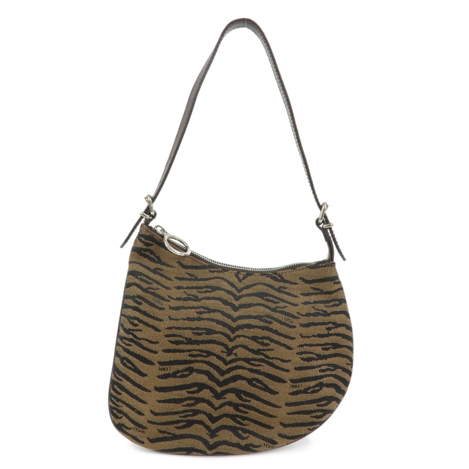 FENDI Canvas Leather Shoulder Bag Leopard Brown Black 8BR248