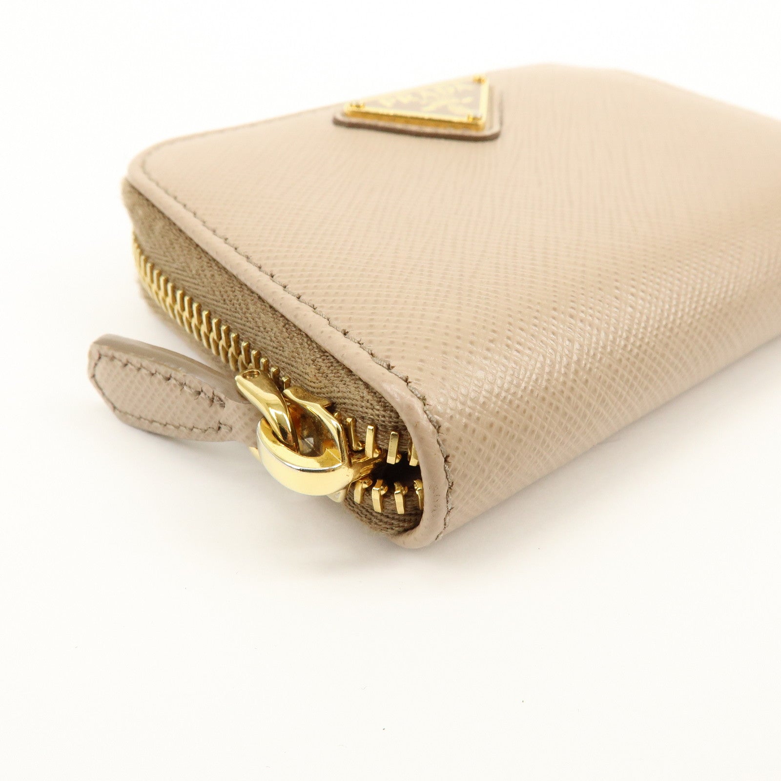 PRADA Triangle Logo Saffiano Leather Coin Case Beige 2MM003