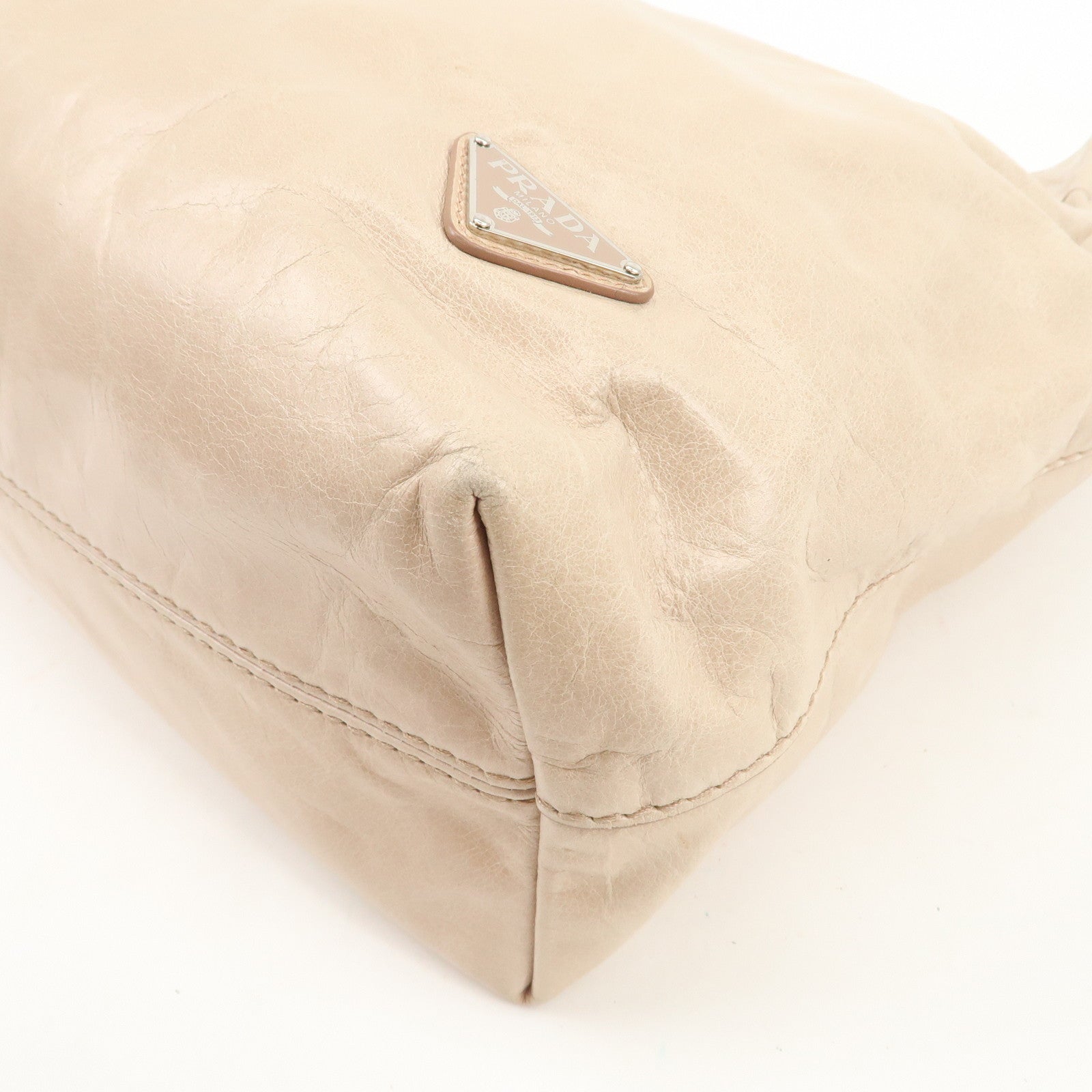 PRADA Triangle Logo Leather 2Way Hand Bag Shoulder Bag Beige BR4617