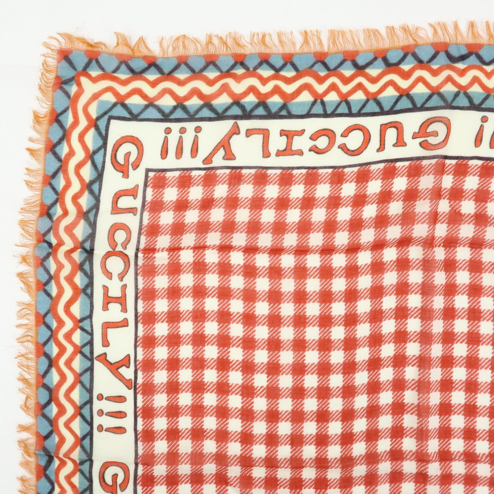 GUCCI Rayon Silk Scarf 5 Cats Print Gingham Red