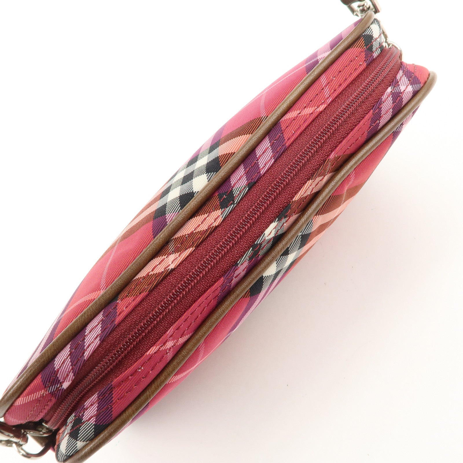 BURBERRY Cotton Leather Hand Bag Shoulder Bag Red Plaid Pattern