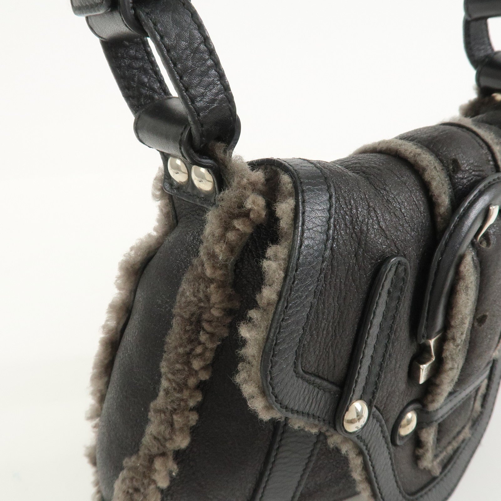 Ferragamo Gancini Mouton Leather Shoulder Bag Hand Bag Black