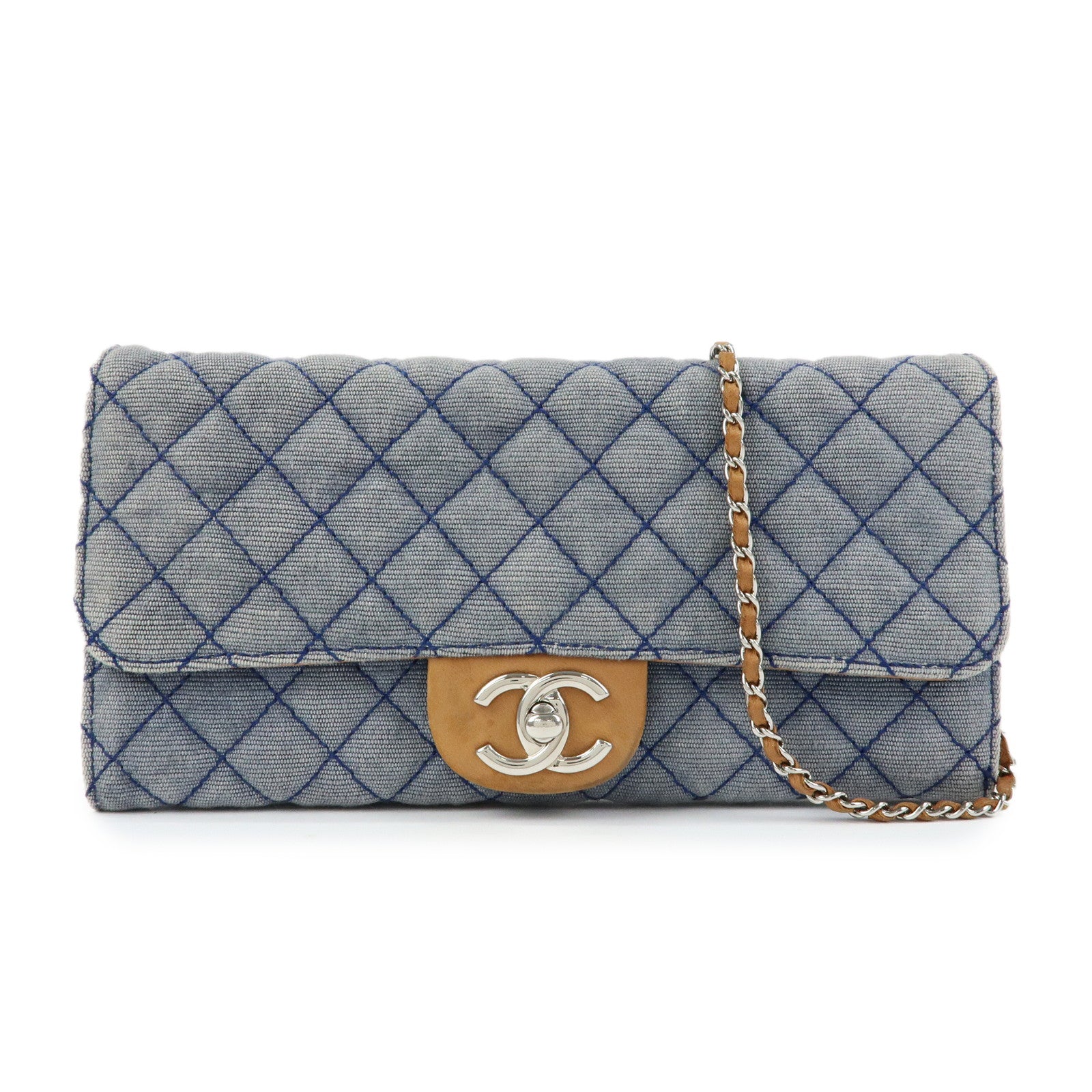 CHANEL Matelasse Denim Leather Chain Shoulder Bag Blue Light Brown