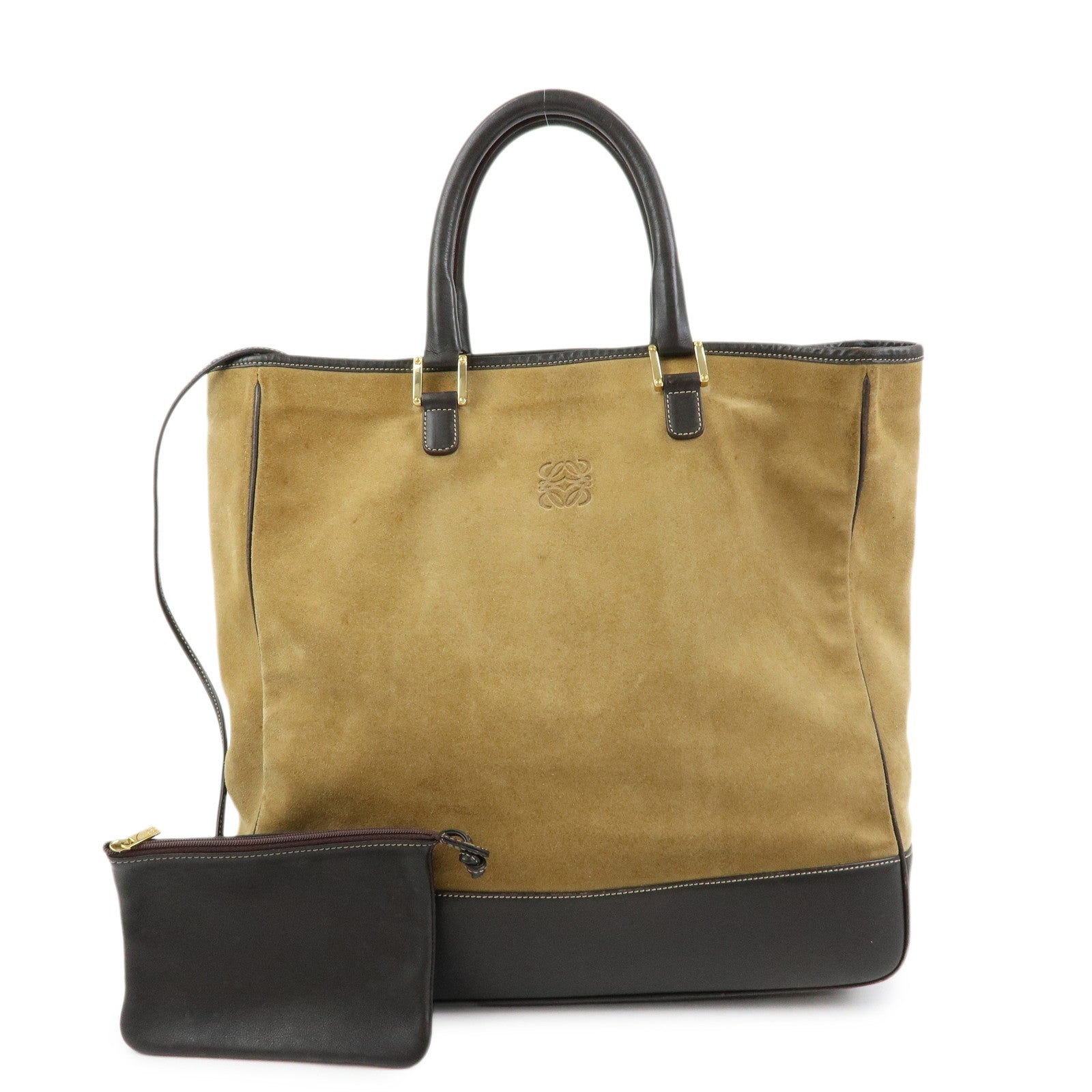 LOEWE Anagram Suede Leather Tote Bag Hand Bag Brown Authentic Used F/S