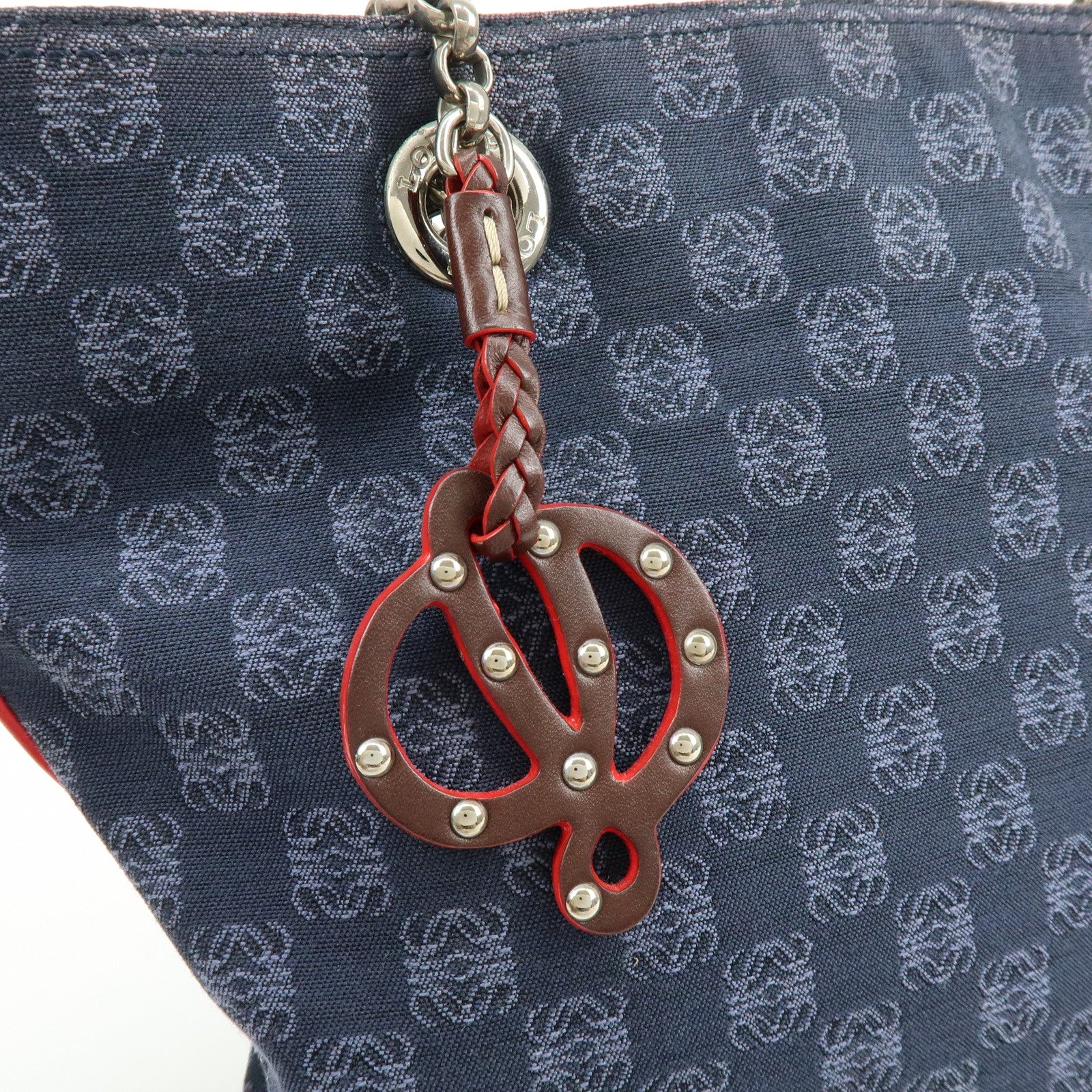 LOEWE Repeat Anagram Canvas Leather Shoulder Bag Blue Brown