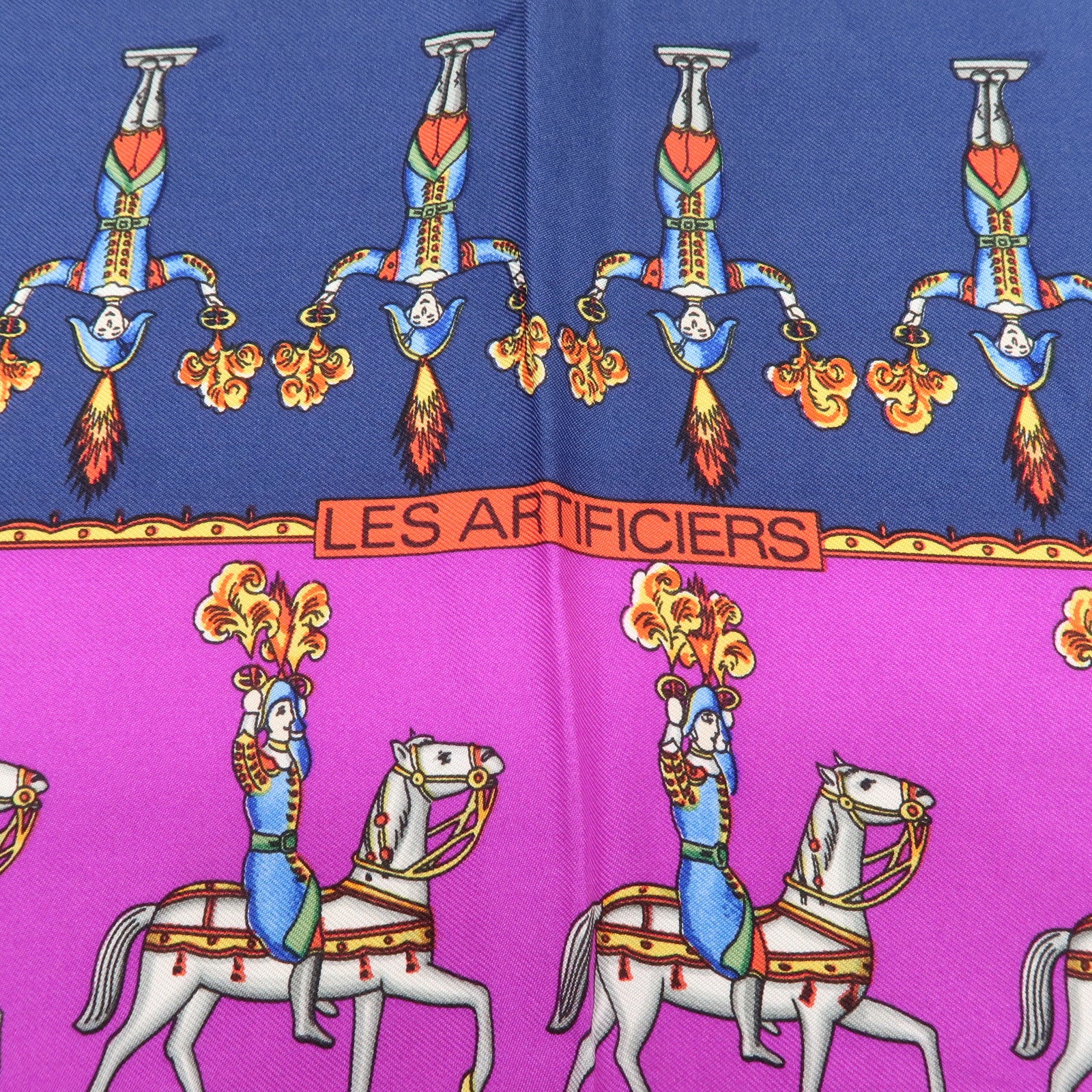 HERMES Carre 90 Silk 100% Scarf Les Artificiers Navy Purple