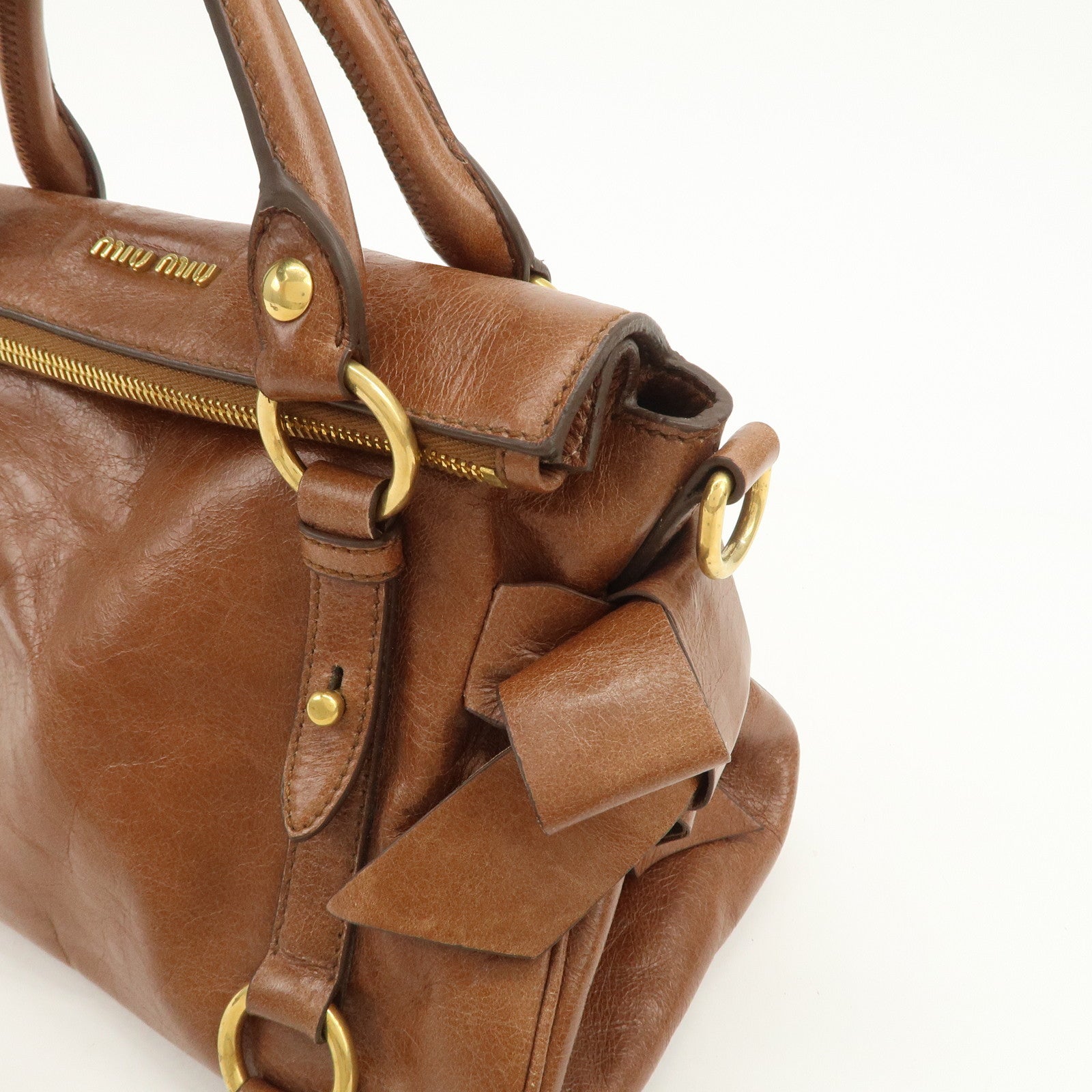 MIU MIU Logo Leather 2Way Bag Hand Bag Shoulder Bag Brown RT0438